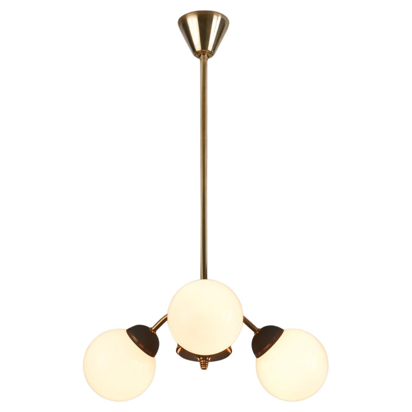 Brass Three-Armed Ceiling Lamp with Opal Glass Shades, Scandinavia 1950s