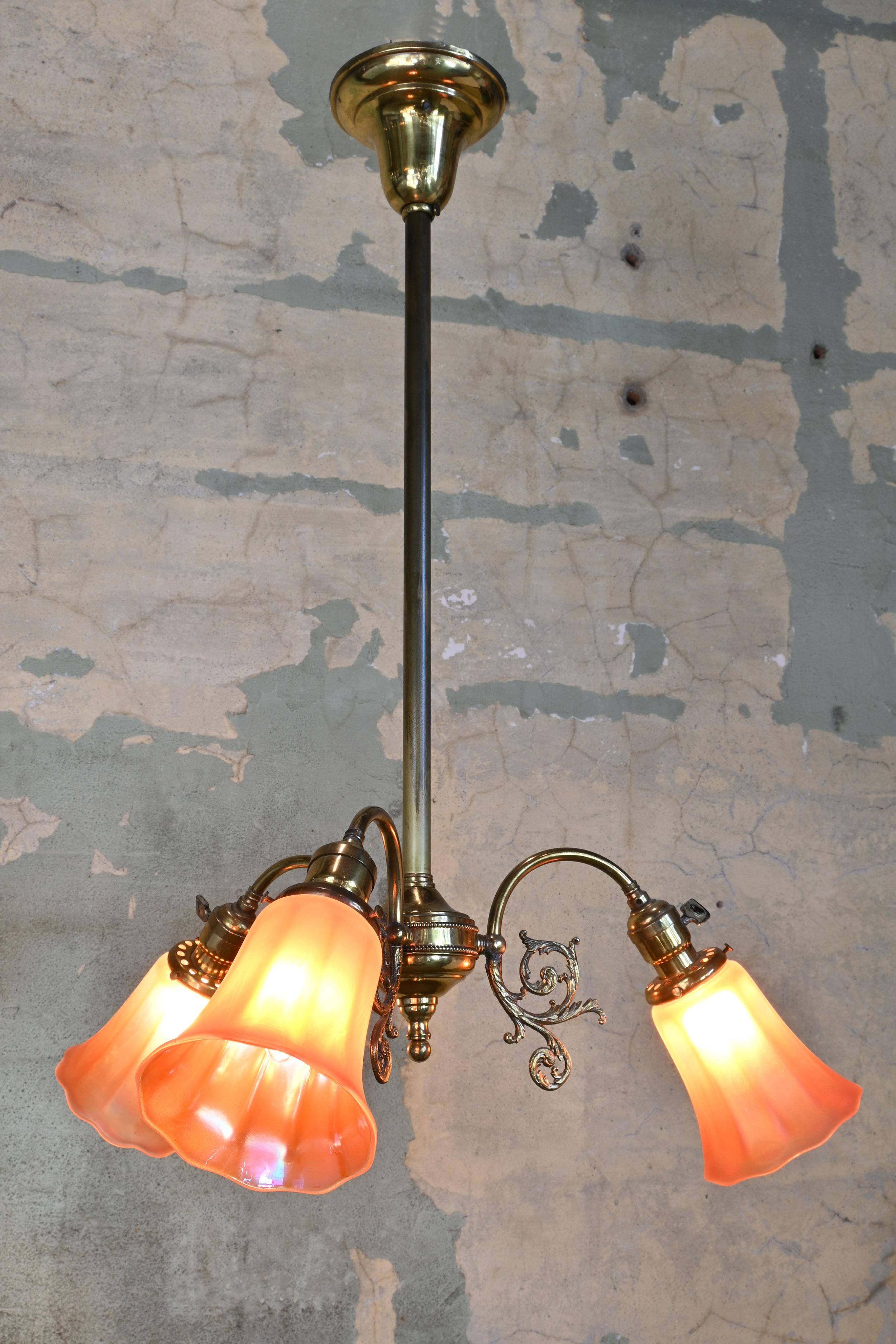 North American Brass Three-Light Chandelier with Nuart Shades For Sale