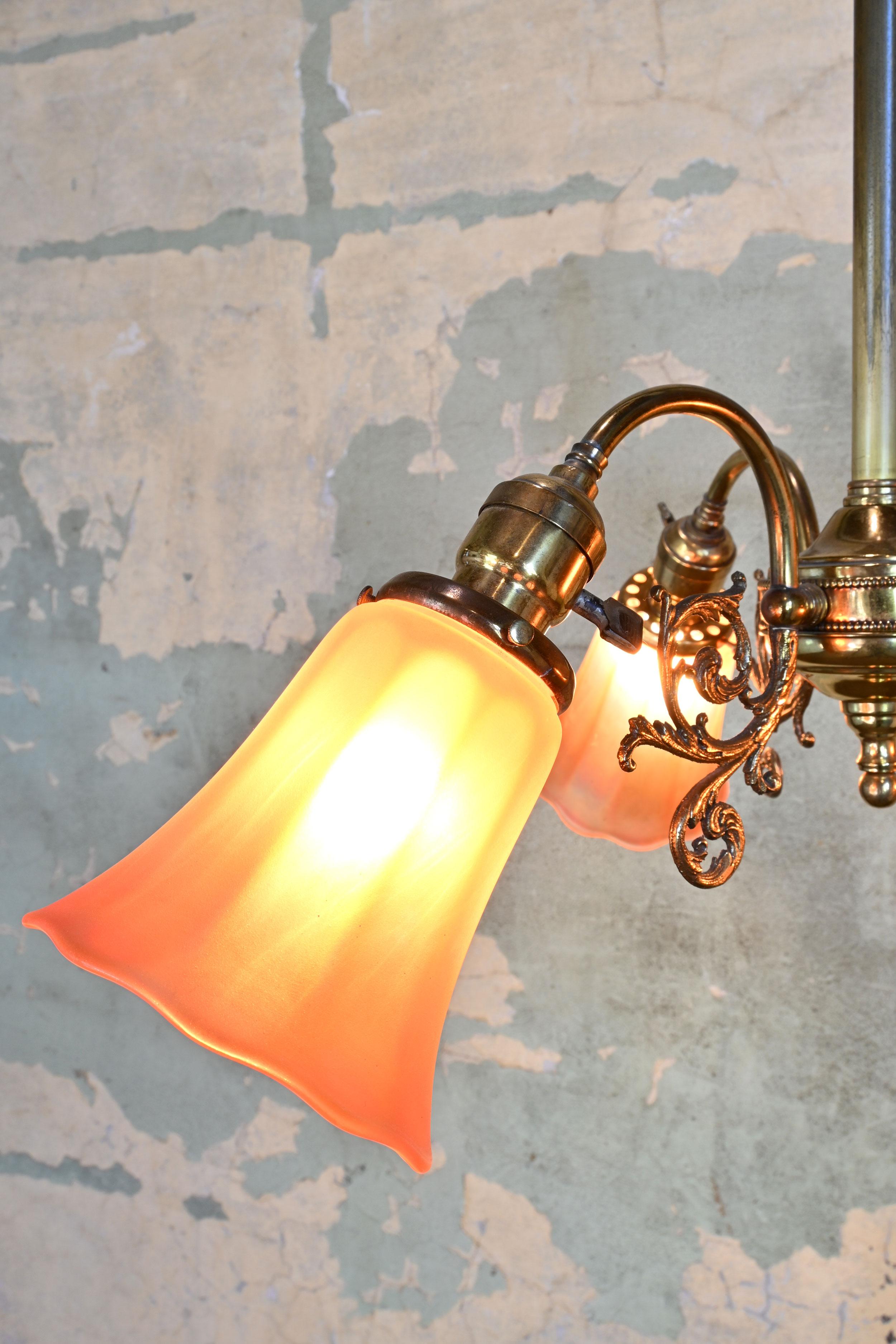 20th Century Brass Three-Light Chandelier with Nuart Shades For Sale
