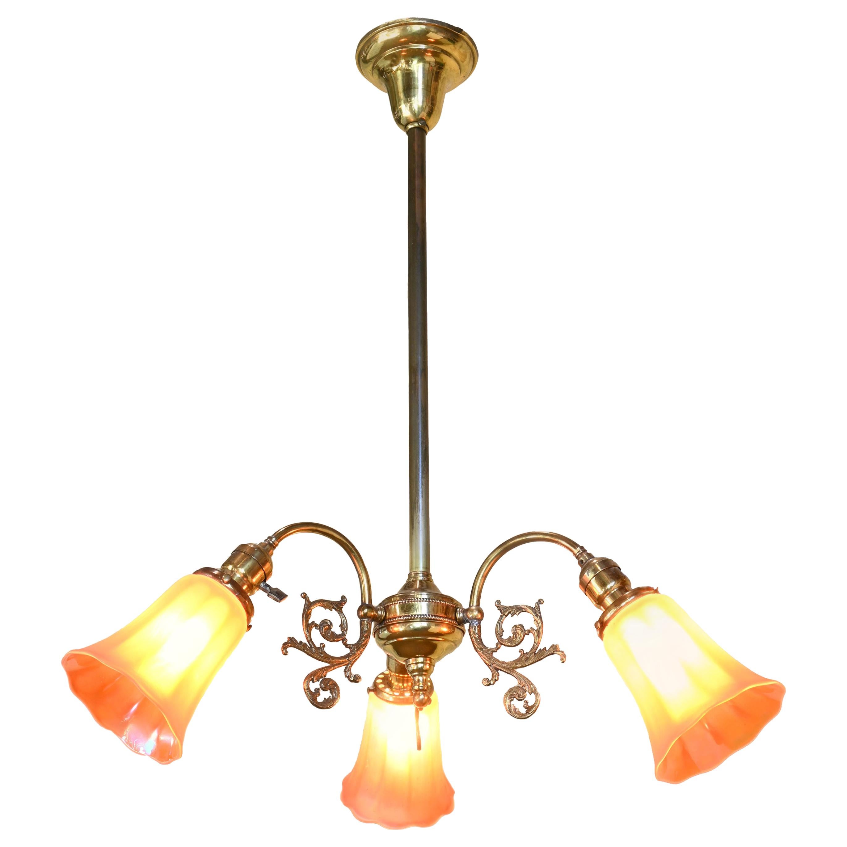 Brass Three-Light Chandelier with Nuart Shades For Sale