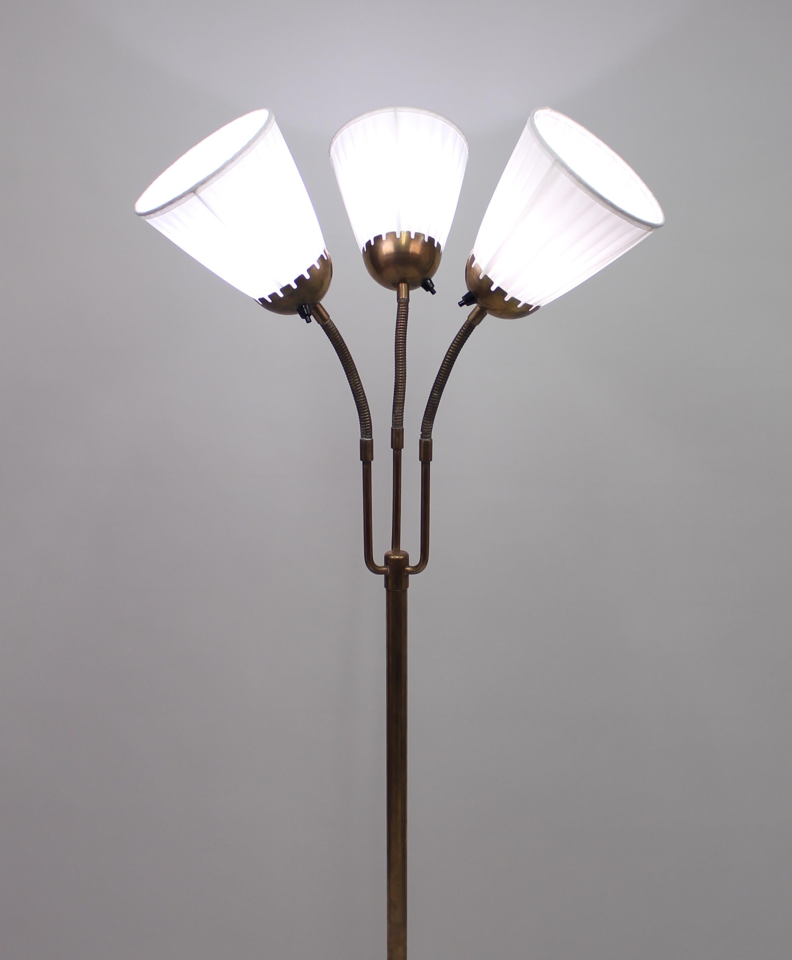 Scandinavian Modern Brass Three-Light Floor Lamp, 1940s