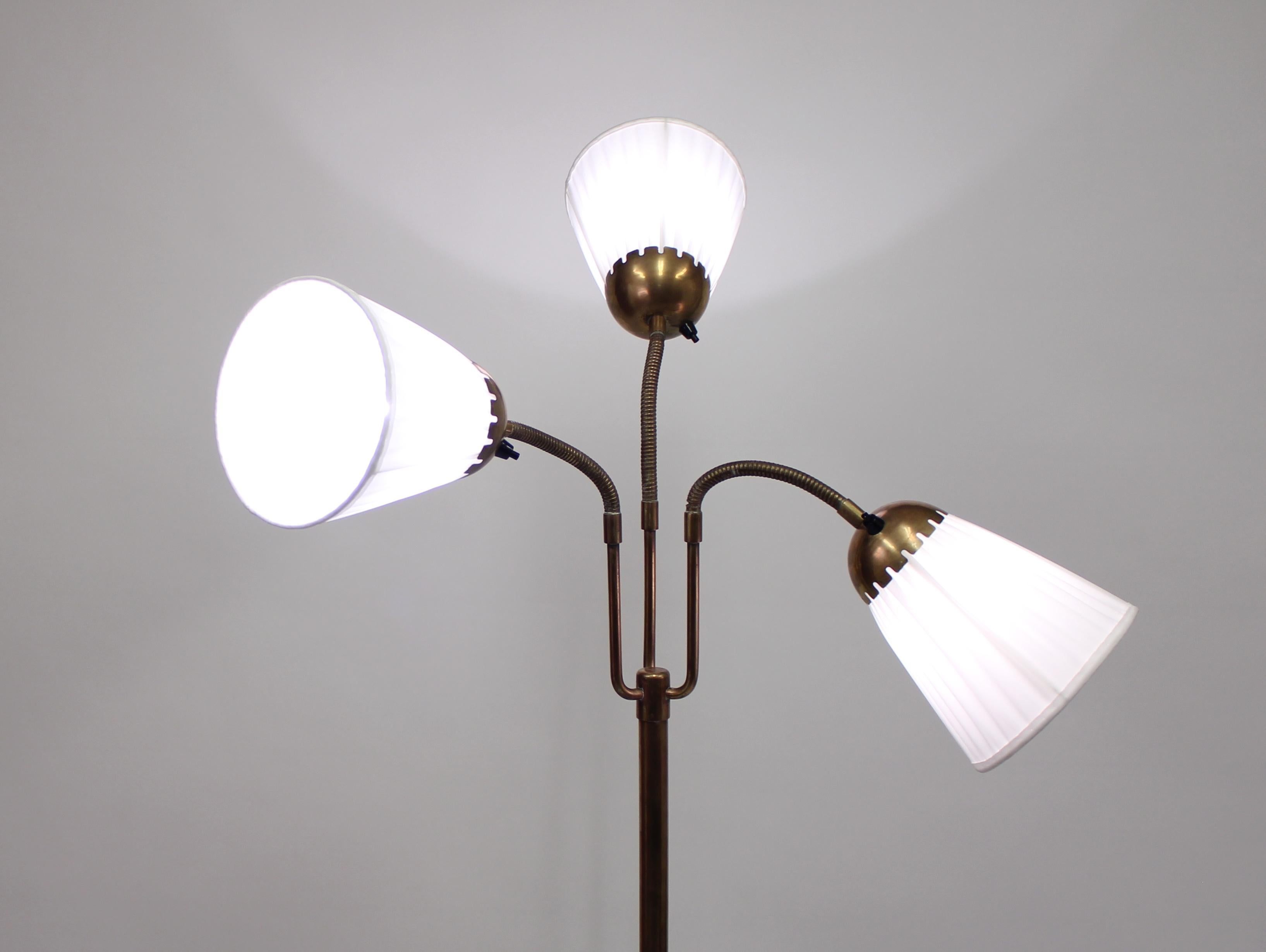 Swedish Brass Three-Light Floor Lamp, 1940s