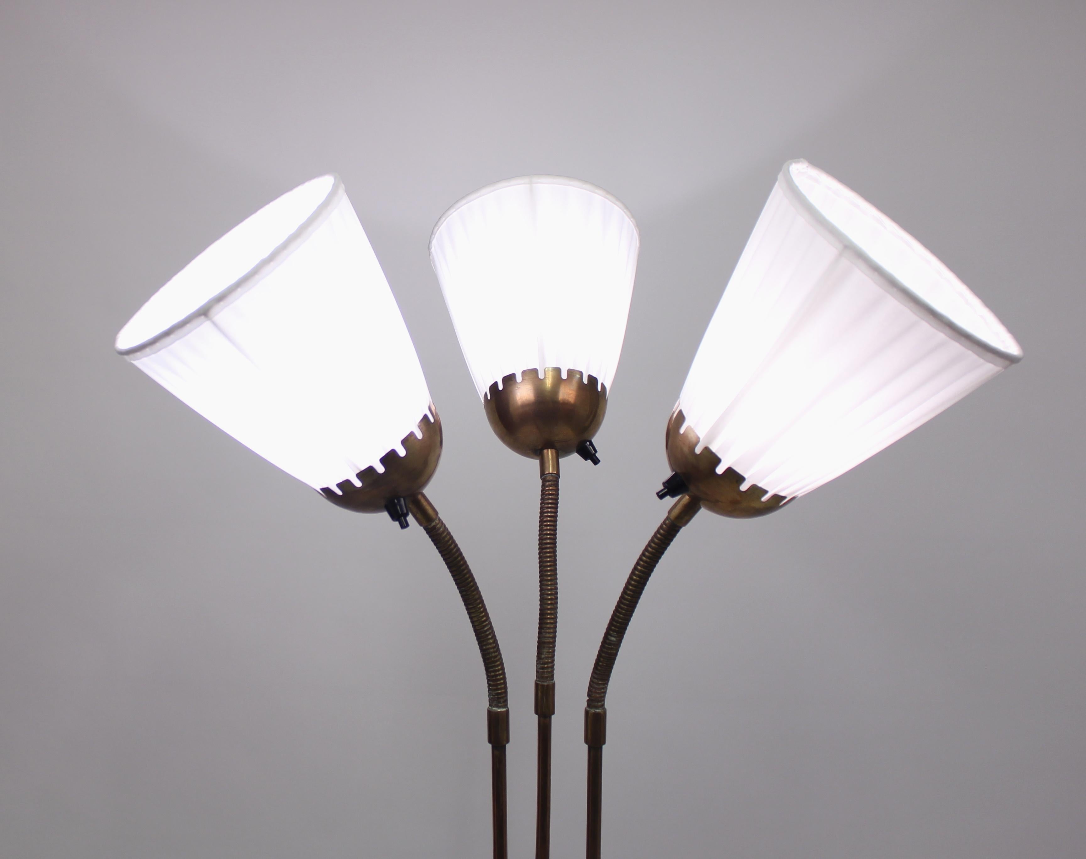 Brass Three-Light Floor Lamp, 1940s In Good Condition In Uppsala, SE
