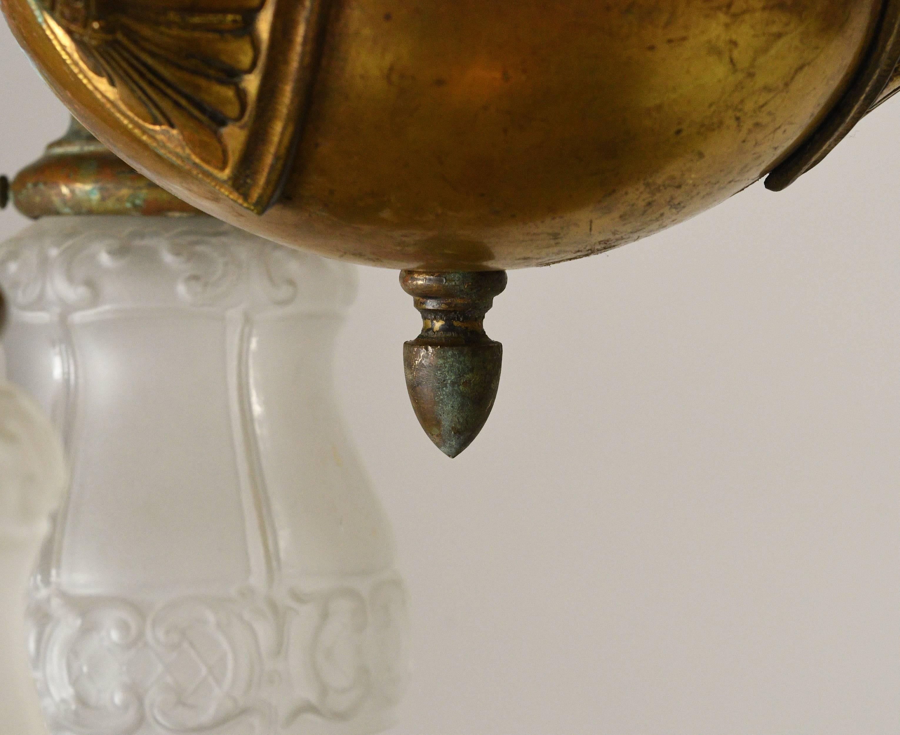 Brass Three Shade Art Nouveau Chandelier In Excellent Condition In Minneapolis, MN