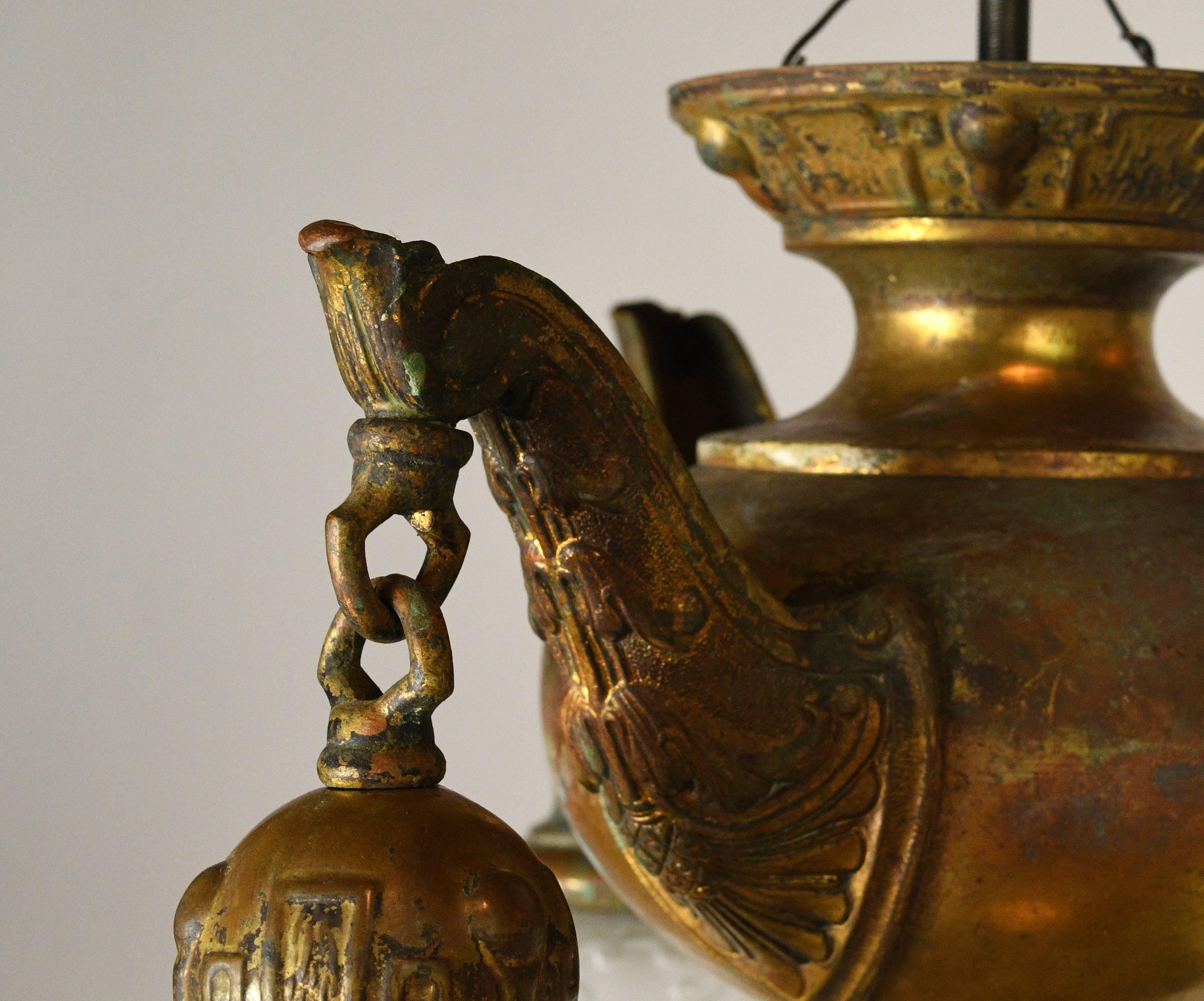 Early 20th Century Brass Three Shade Art Nouveau Chandelier