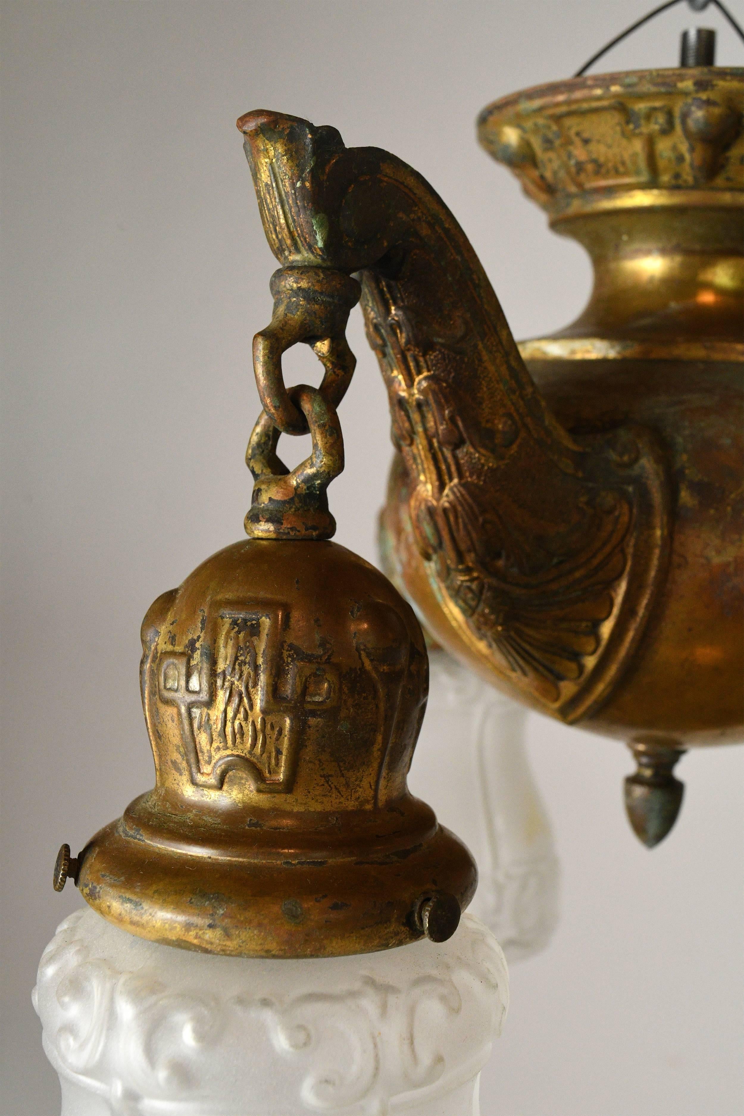 Brass Three Shade Art Nouveau Chandelier 3