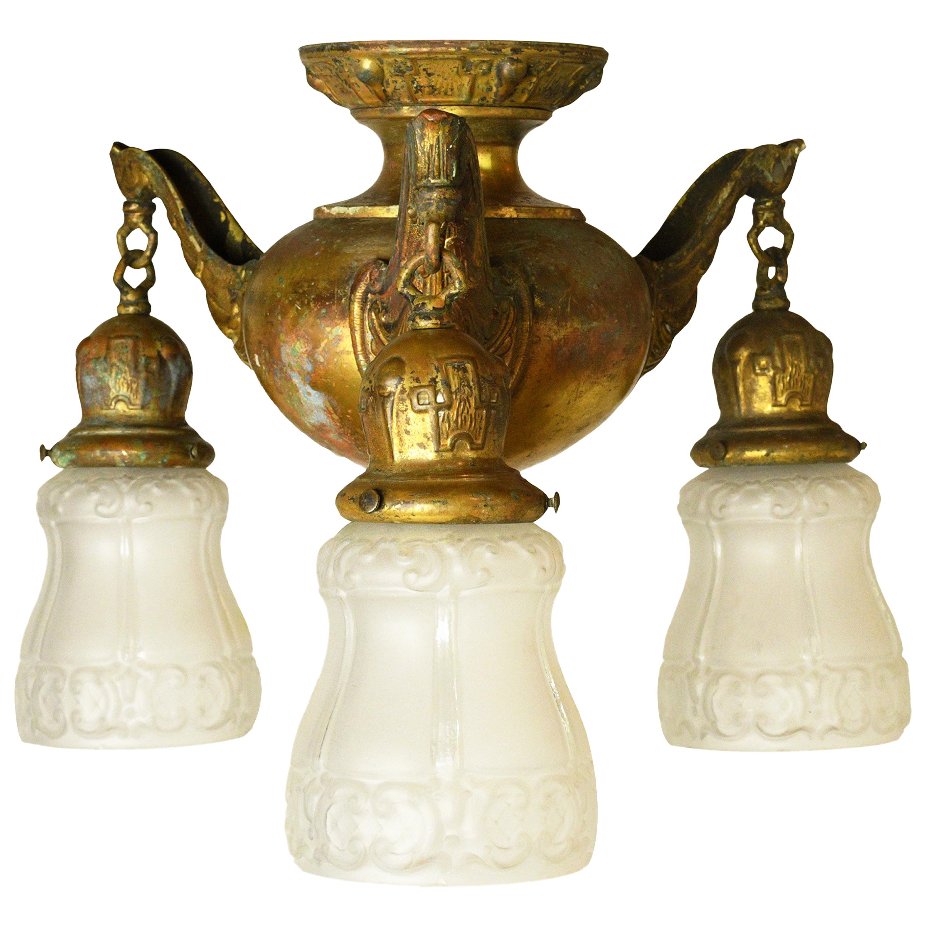 Brass Three Shade Art Nouveau Chandelier