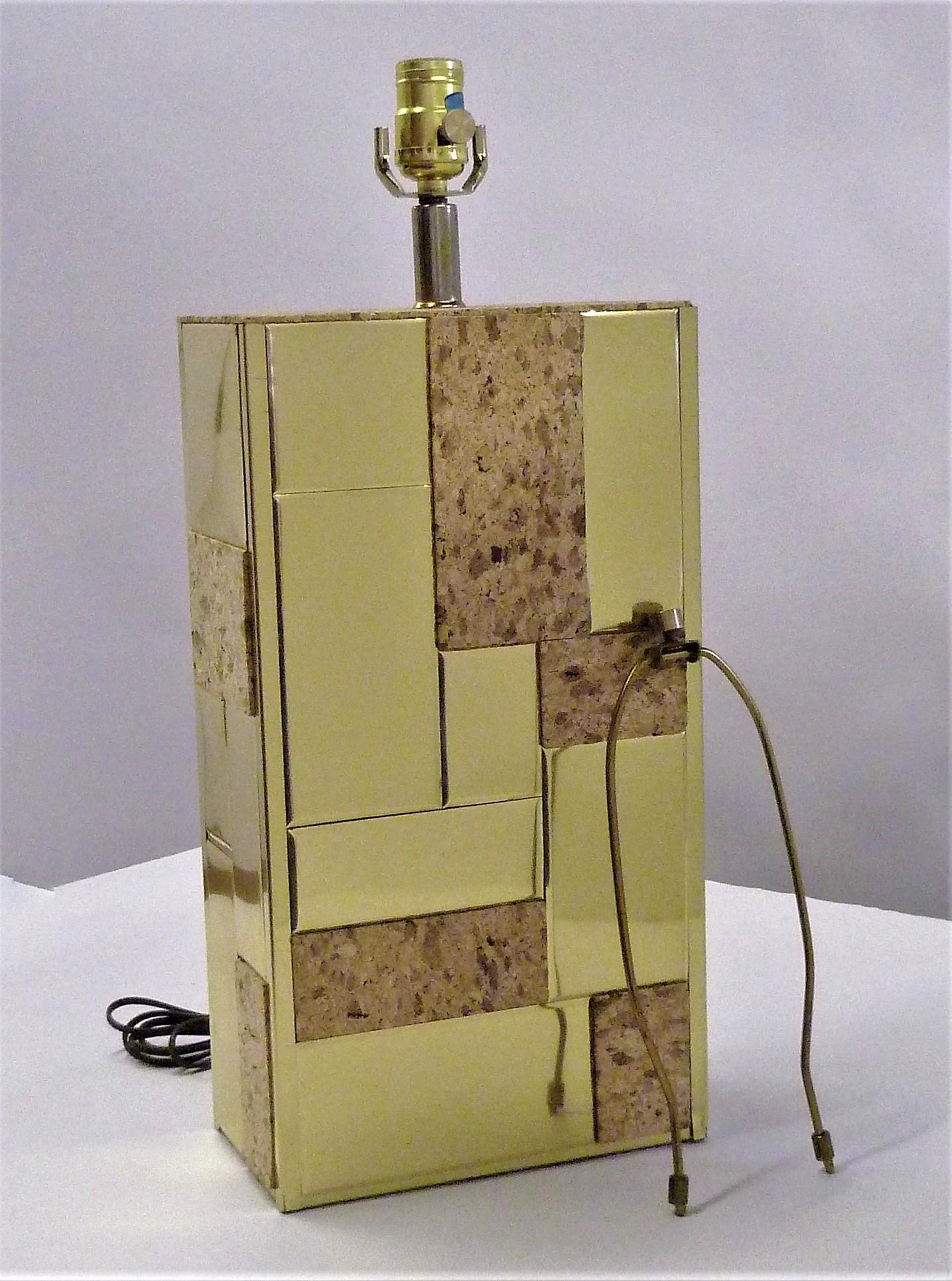 Brass Tile and Cork Paul Evans Cityscape Style 1970s Organic Modern Table Lamp In Good Condition In Miami, FL