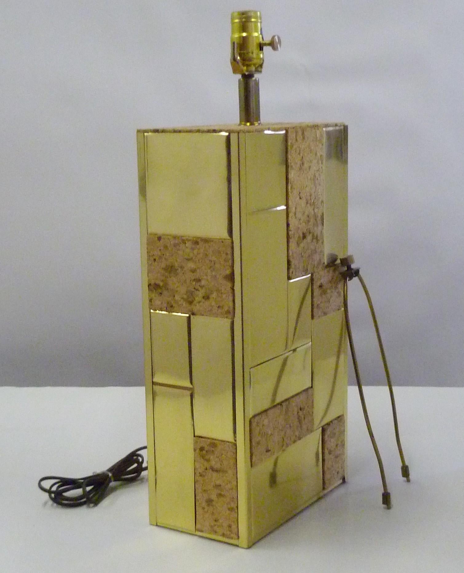 Brass Tile and Cork Paul Evans Cityscape Style 1970s Organic Modern Table Lamp 1