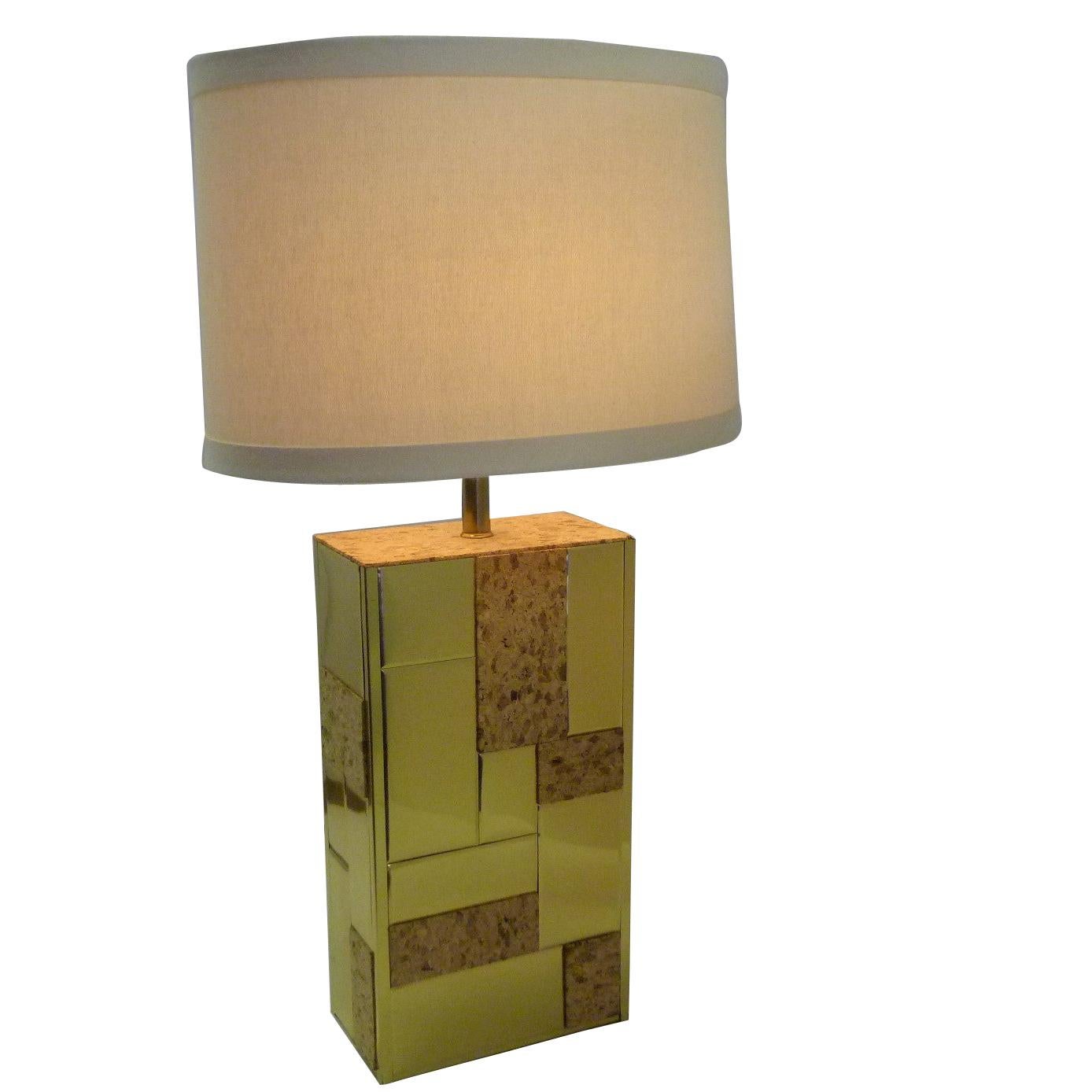 Brass Tile and Cork Paul Evans Cityscape Style 1970s Organic Modern Table Lamp