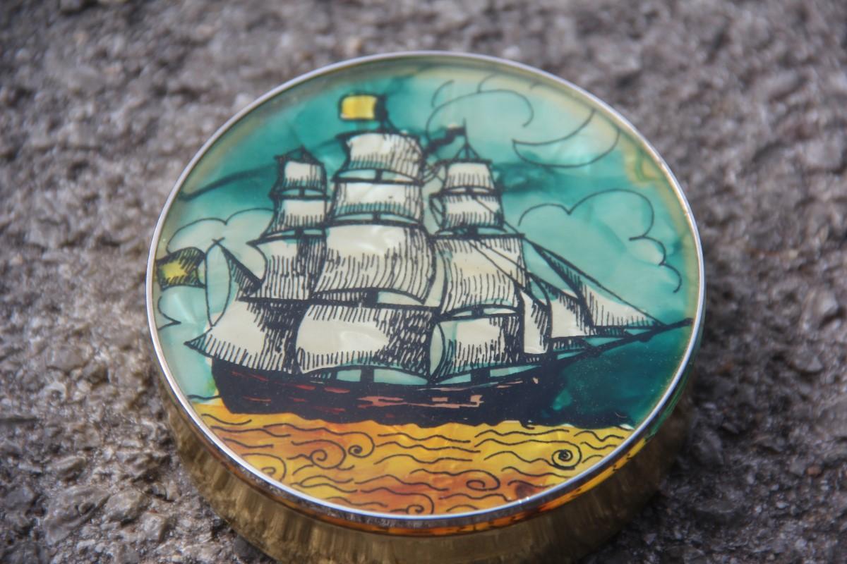 Brass tobacco box with gold green black sailing ship decoration Jack Frost.