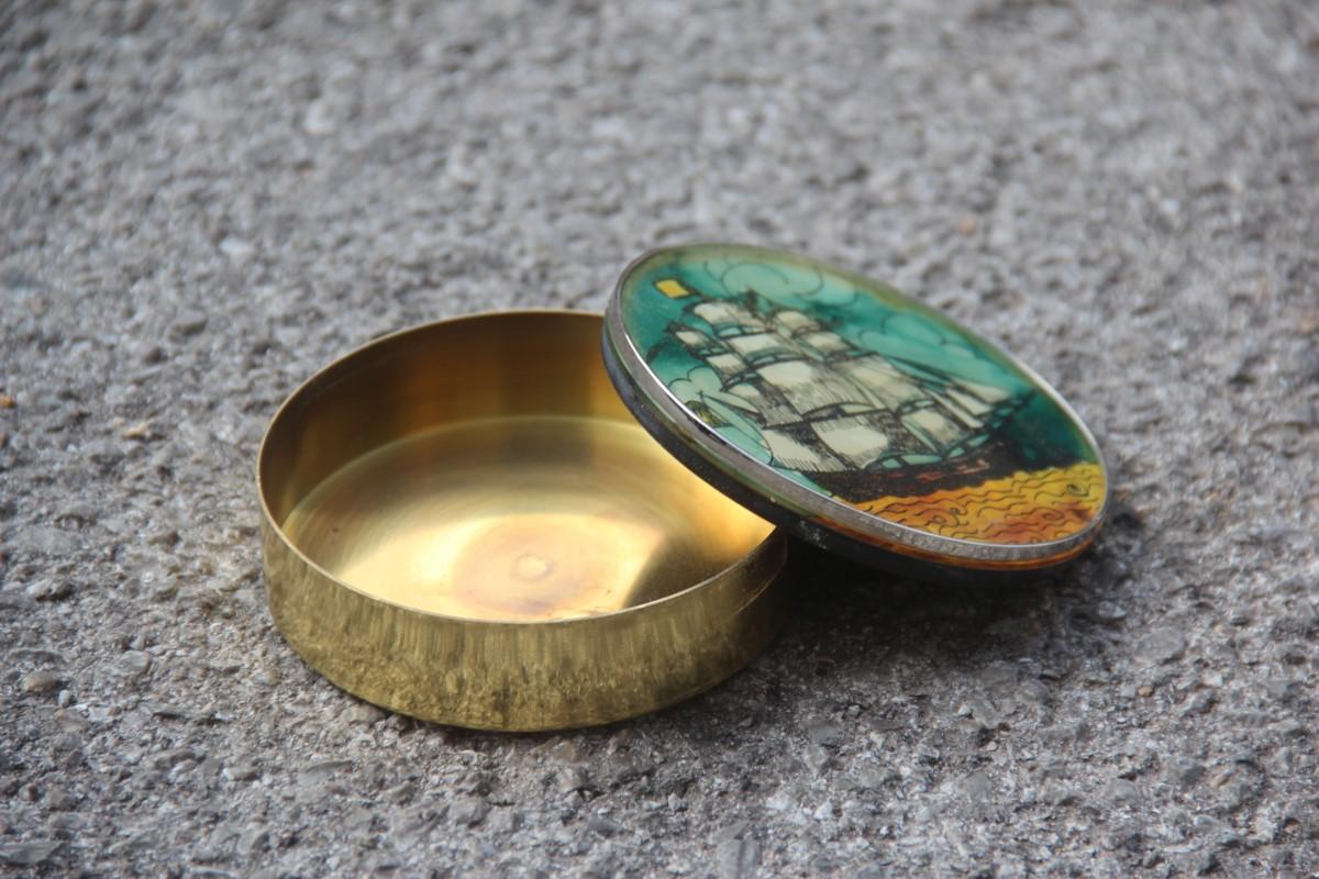 Mid-Century Modern Brass Tobacco Box with Gold Green Black Sailing Ship Decoration Jack Frost