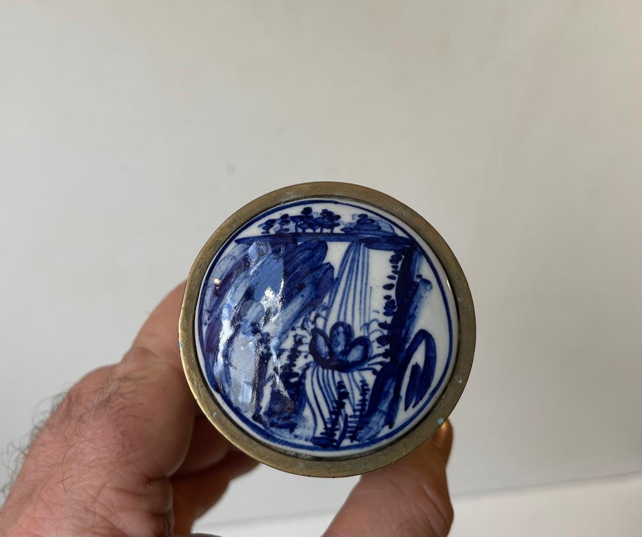 Mid-Century Modern Brass Tobacco Jar with Hand Painted Blue Delft Lid For Sale