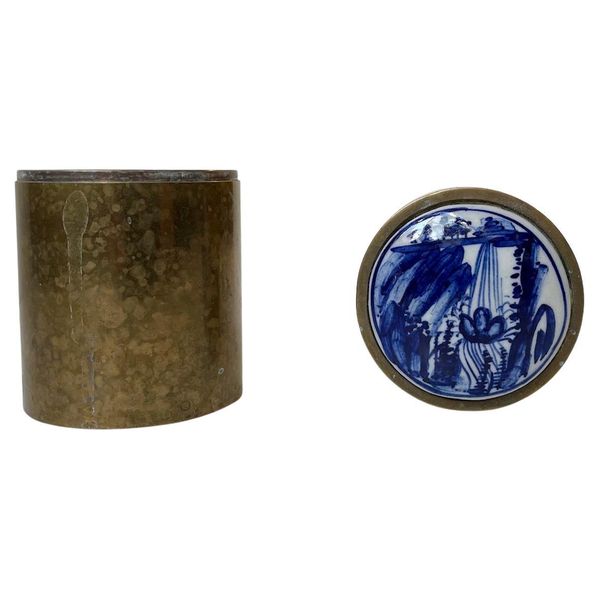 Brass Tobacco Jar with Hand Painted Blue Delft Lid For Sale