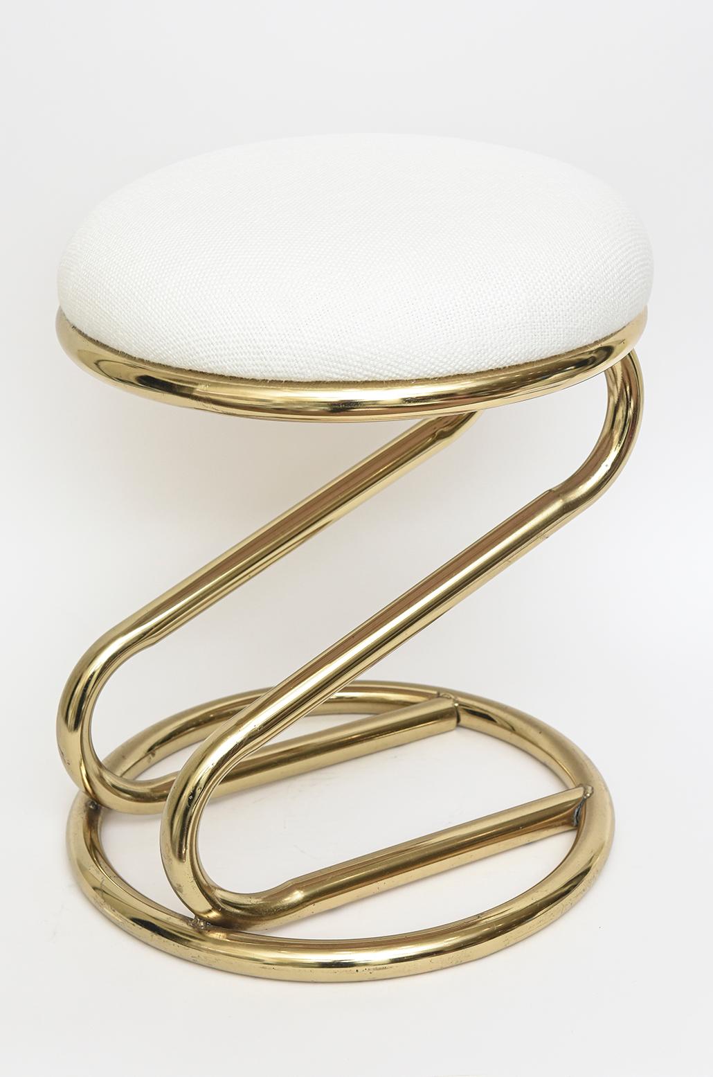 Vintage Brass over Steel and White Upholstered Zig Zag Stool For Sale 5