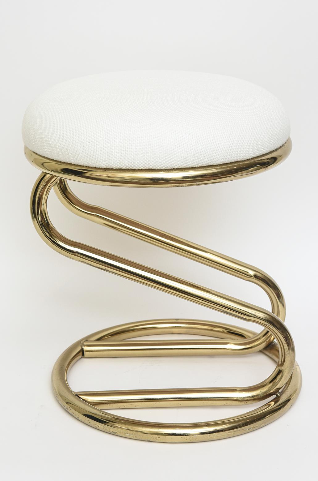 Modern Vintage Brass over Steel and White Upholstered Zig Zag Stool For Sale