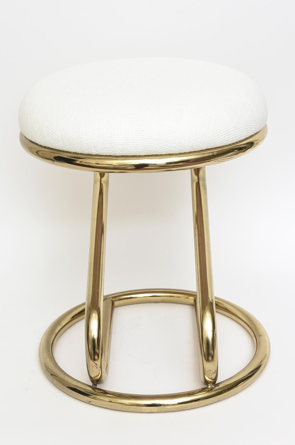 American Vintage Brass over Steel and White Upholstered Zig Zag Stool For Sale