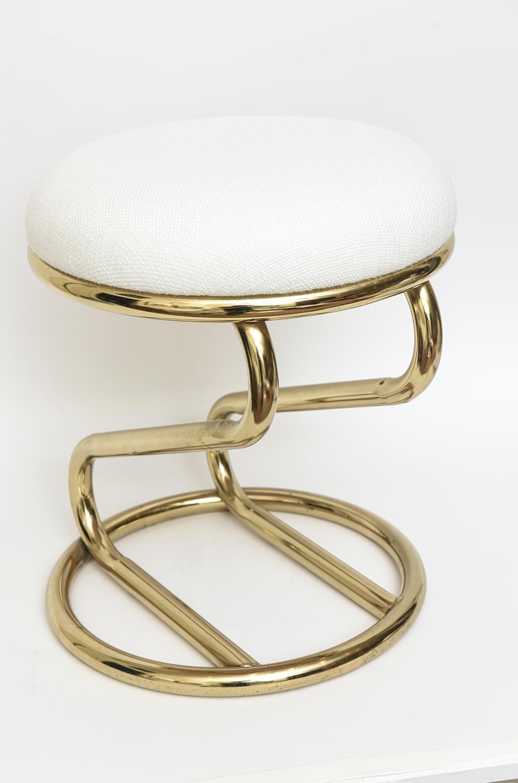 Vintage Brass over Steel and White Upholstered Zig Zag Stool In Good Condition For Sale In North Miami, FL