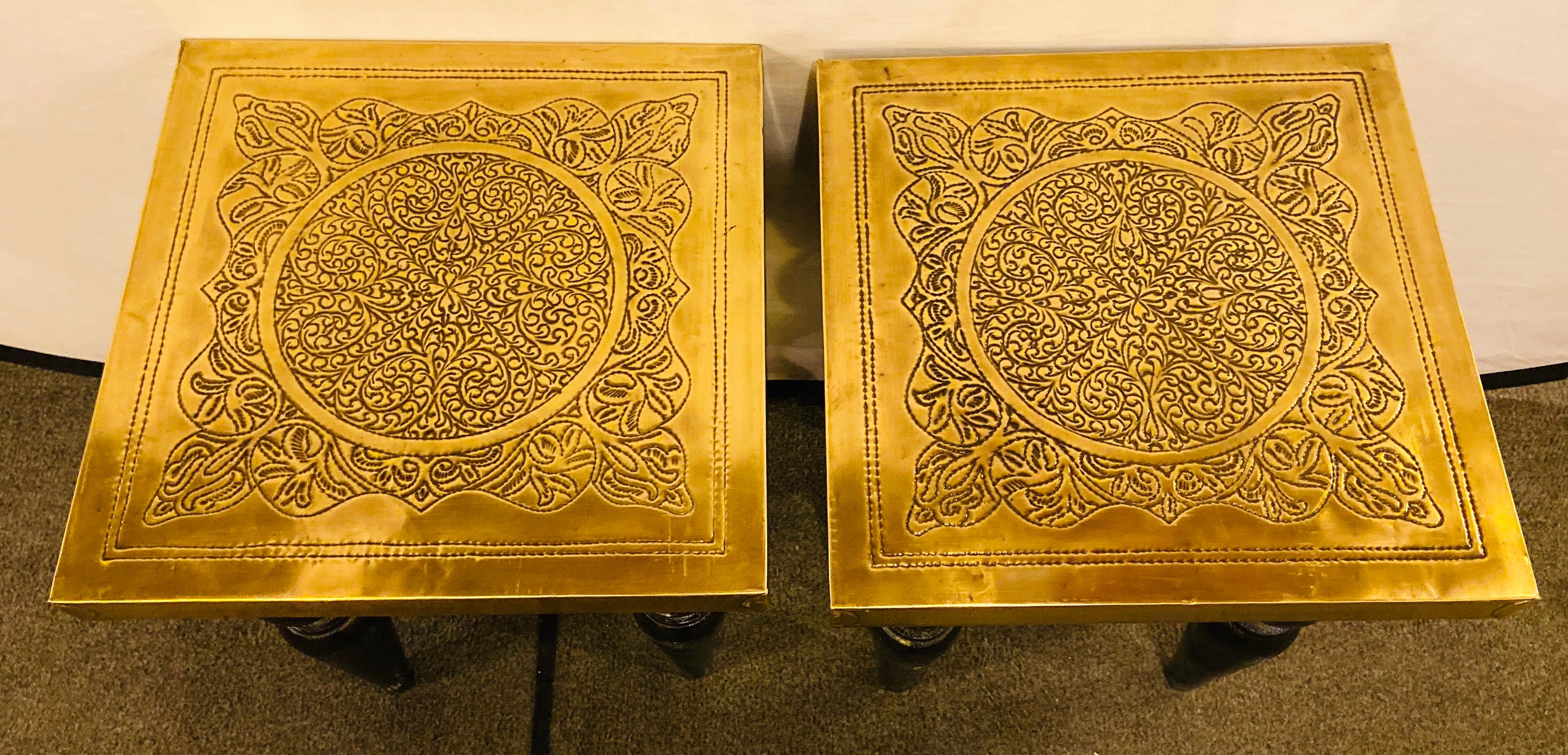 Unknown Hollywood Regency Style Square Gold Brass Side or End Table, a Pair  For Sale