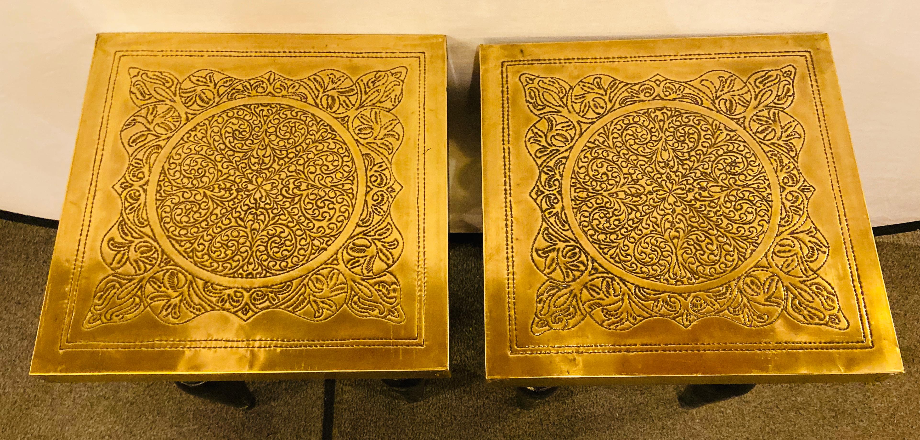 Hollywood Regency Style Square Gold Brass Side or End Table, a Pair  In Good Condition For Sale In Plainview, NY