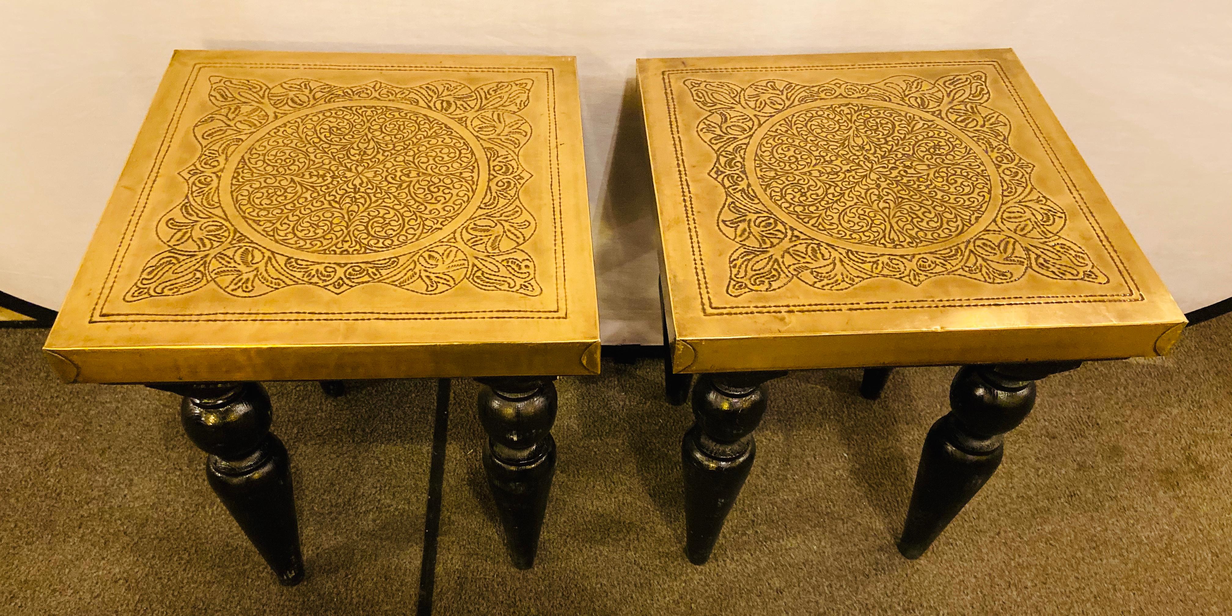 Hollywood Regency Style Square Gold Brass Side or End Table, a Pair  For Sale 2