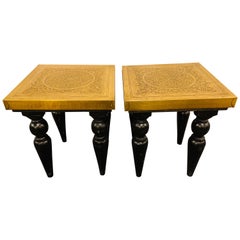Hollywood Regency Style Square Gold Brass Side or End Table, a Pair