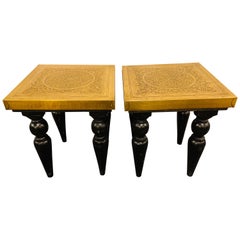 Retro Hollywood Regency Style Square Gold Brass Side or End Table, a Pair 