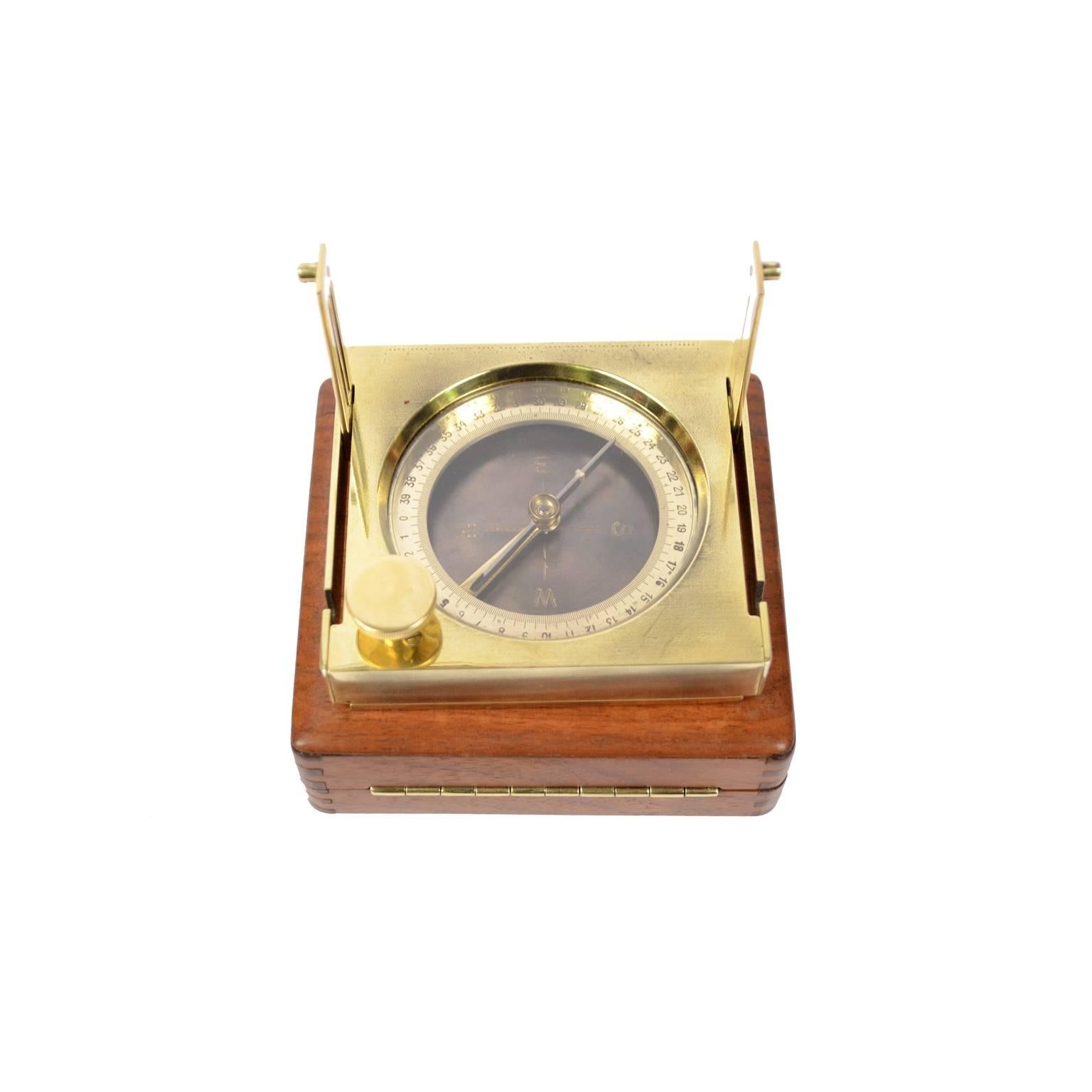 Swiss Brass Topographic Compass Placed in Its Original Walnut Box