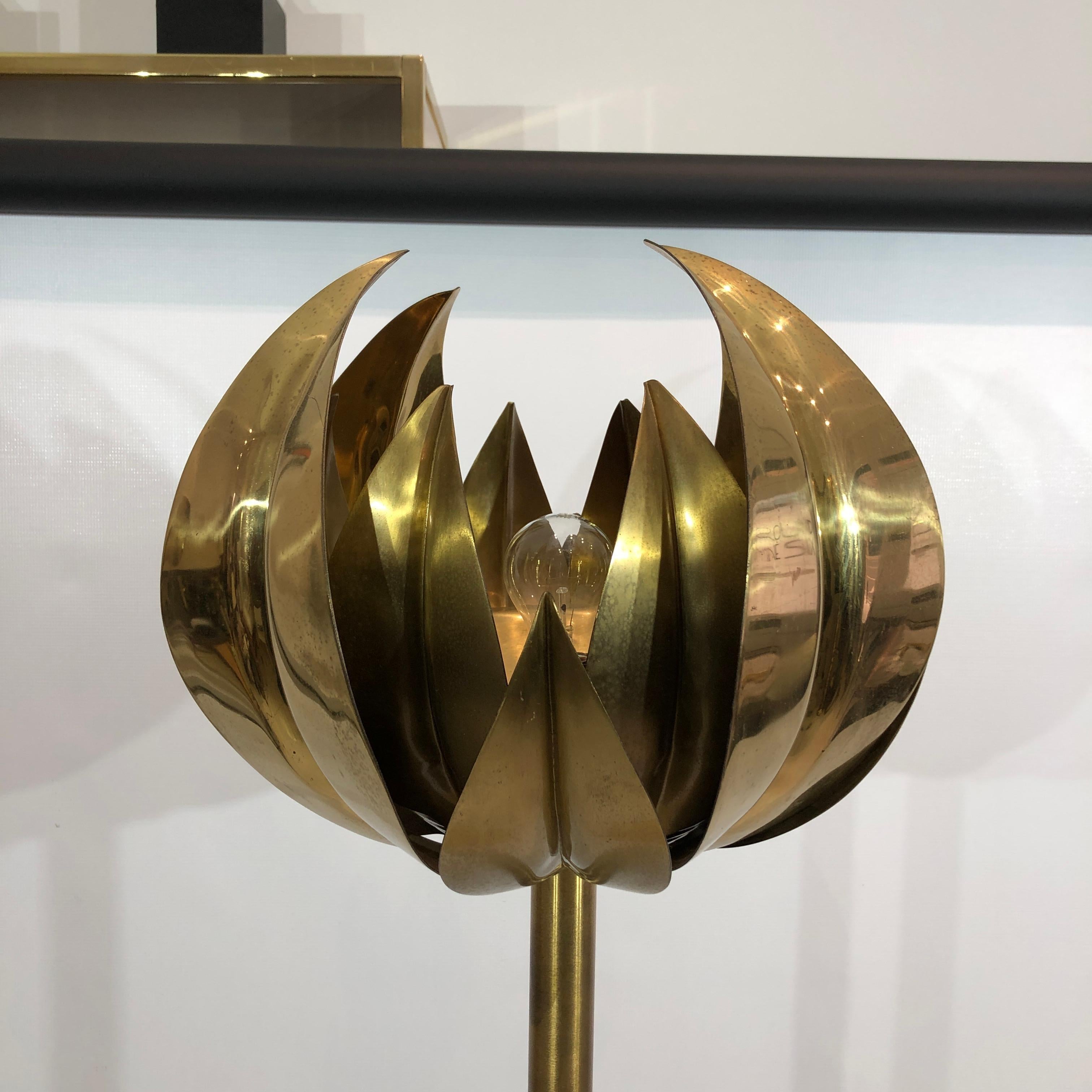 Plated Brass Torchiere Lotus Floor Lamp 1960s 1970s Vintage Tommaso Barbi Palm Tree  For Sale