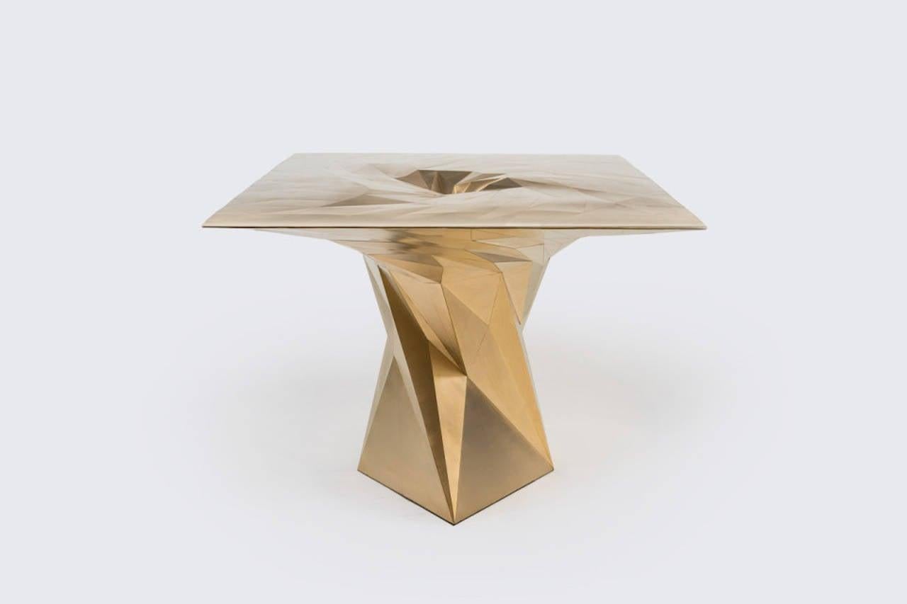 Brass Tornado Square Center Dining Table by Zhoujie Zhang In New Condition For Sale In Beverly Hills, CA
