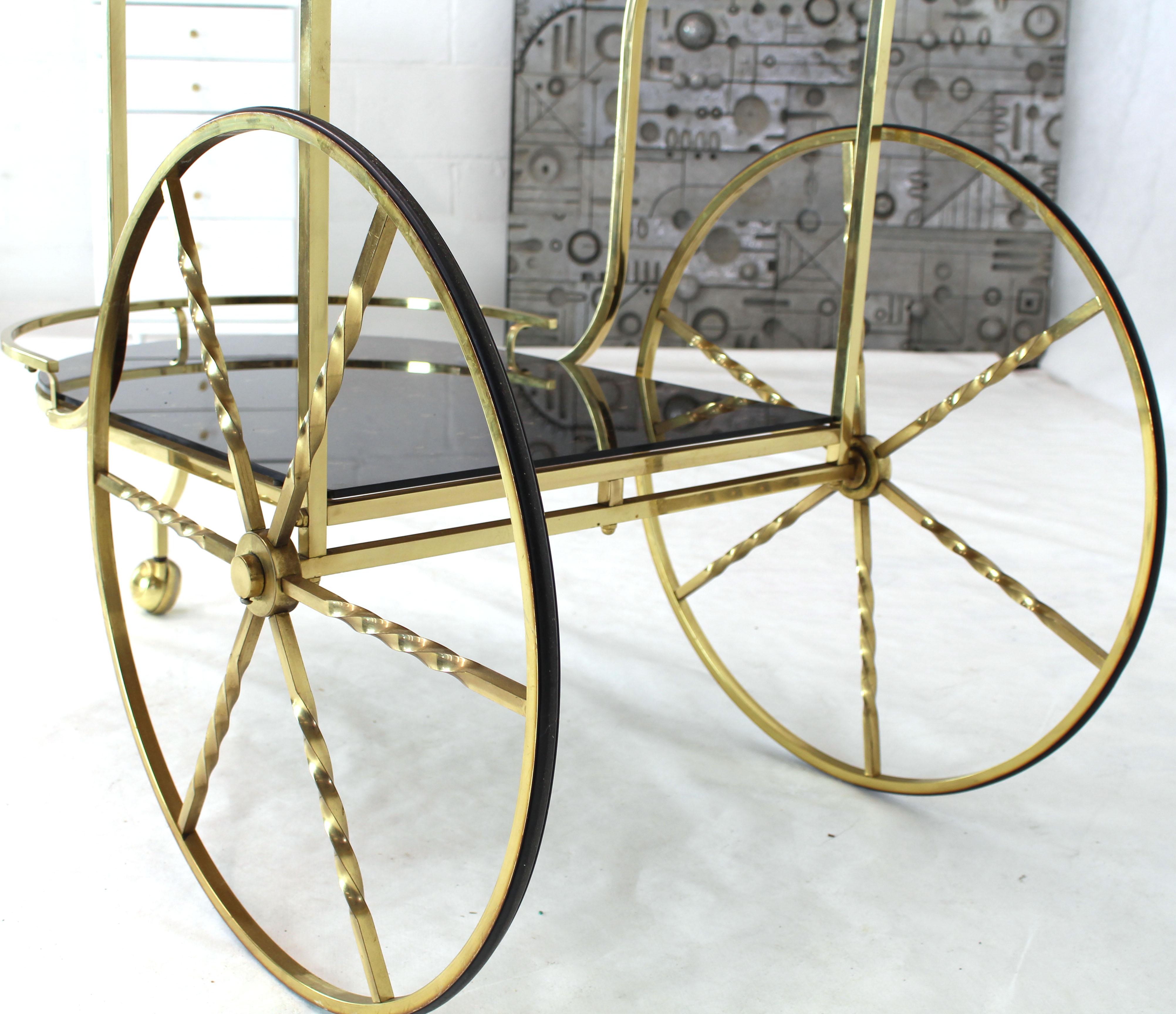 Hand-Painted Brass Tortoise Finish Glass Bar Serving Cart on Large Carriage Style Wheels For Sale