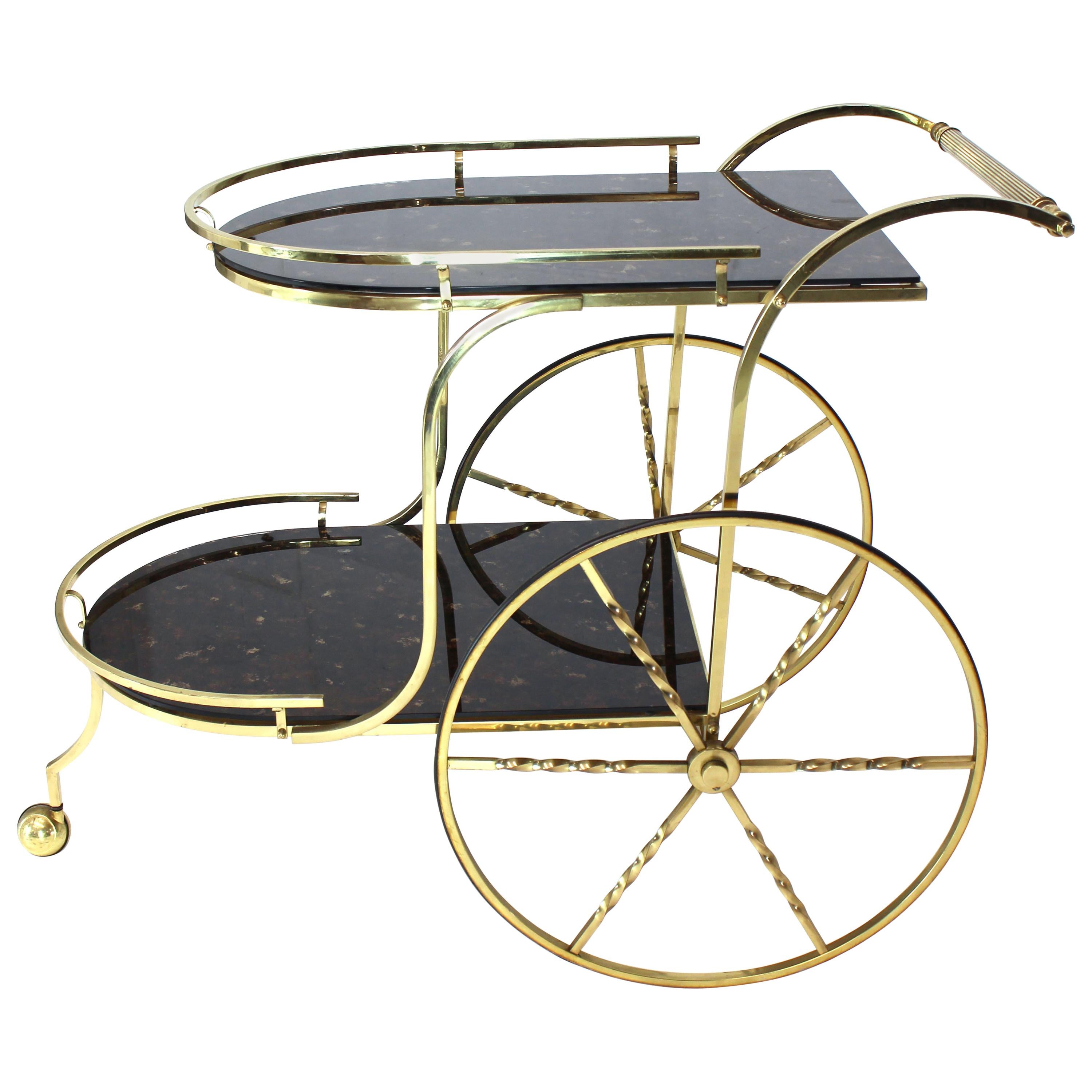 Brass Tortoise Finish Glass Bar Serving Cart on Large Carriage Style Wheels For Sale