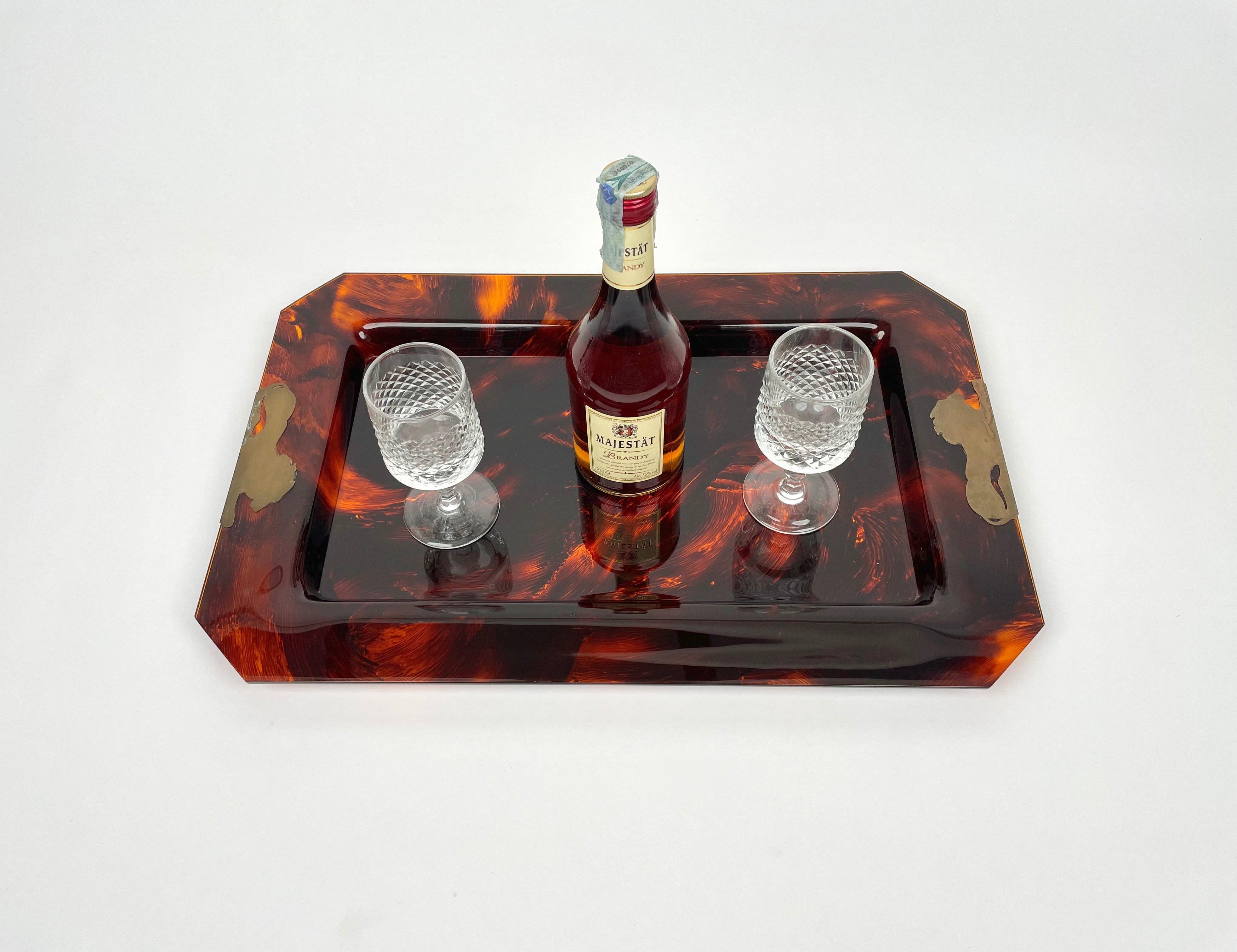 Brass & Tortoise Shell Effect Lucite Centerpiece Serving Tray, Italy, 1970s 3