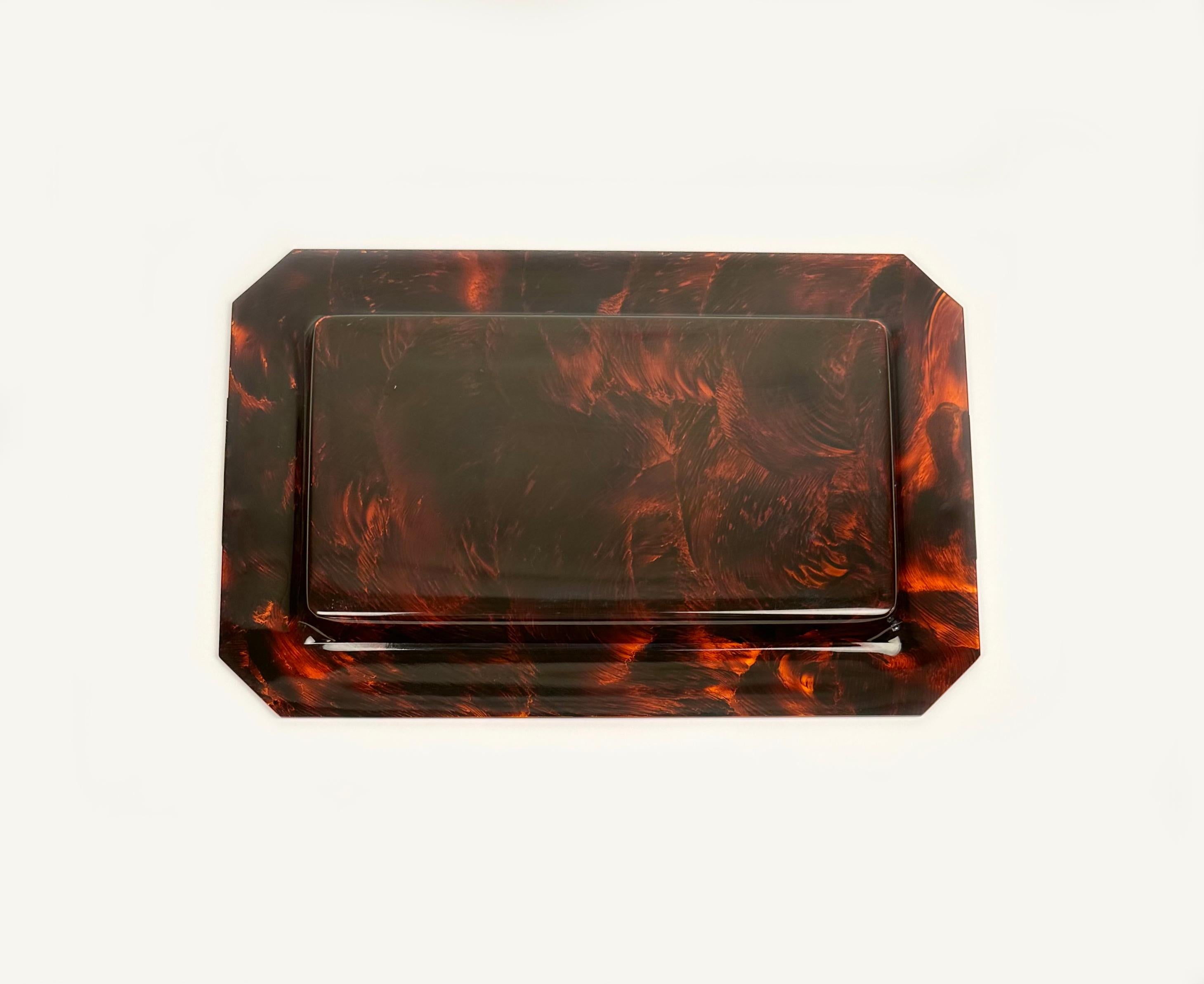 Brass & Tortoise Shell Effect Lucite Centerpiece Serving Tray, Italy, 1970s 3