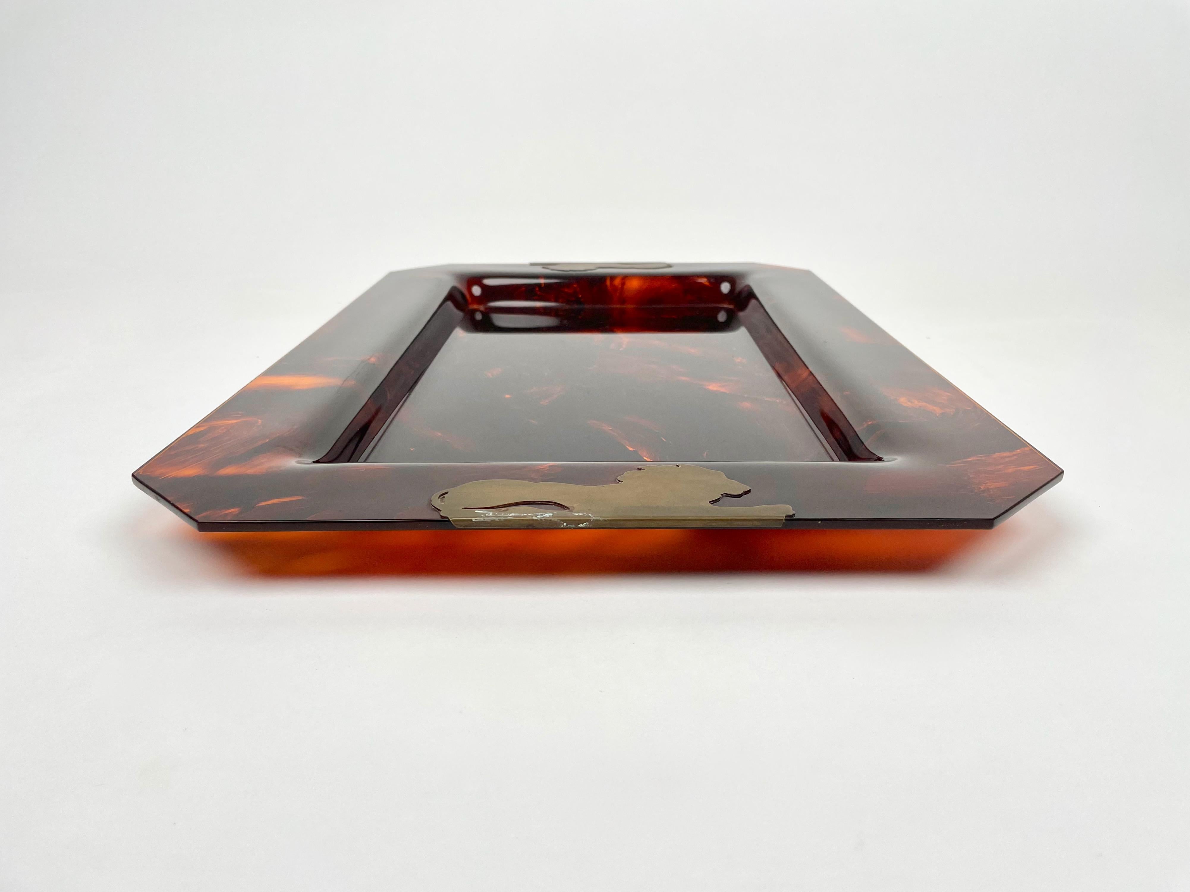 Brass & Tortoise Shell Effect Lucite Centerpiece Serving Tray, Italy, 1970s 6