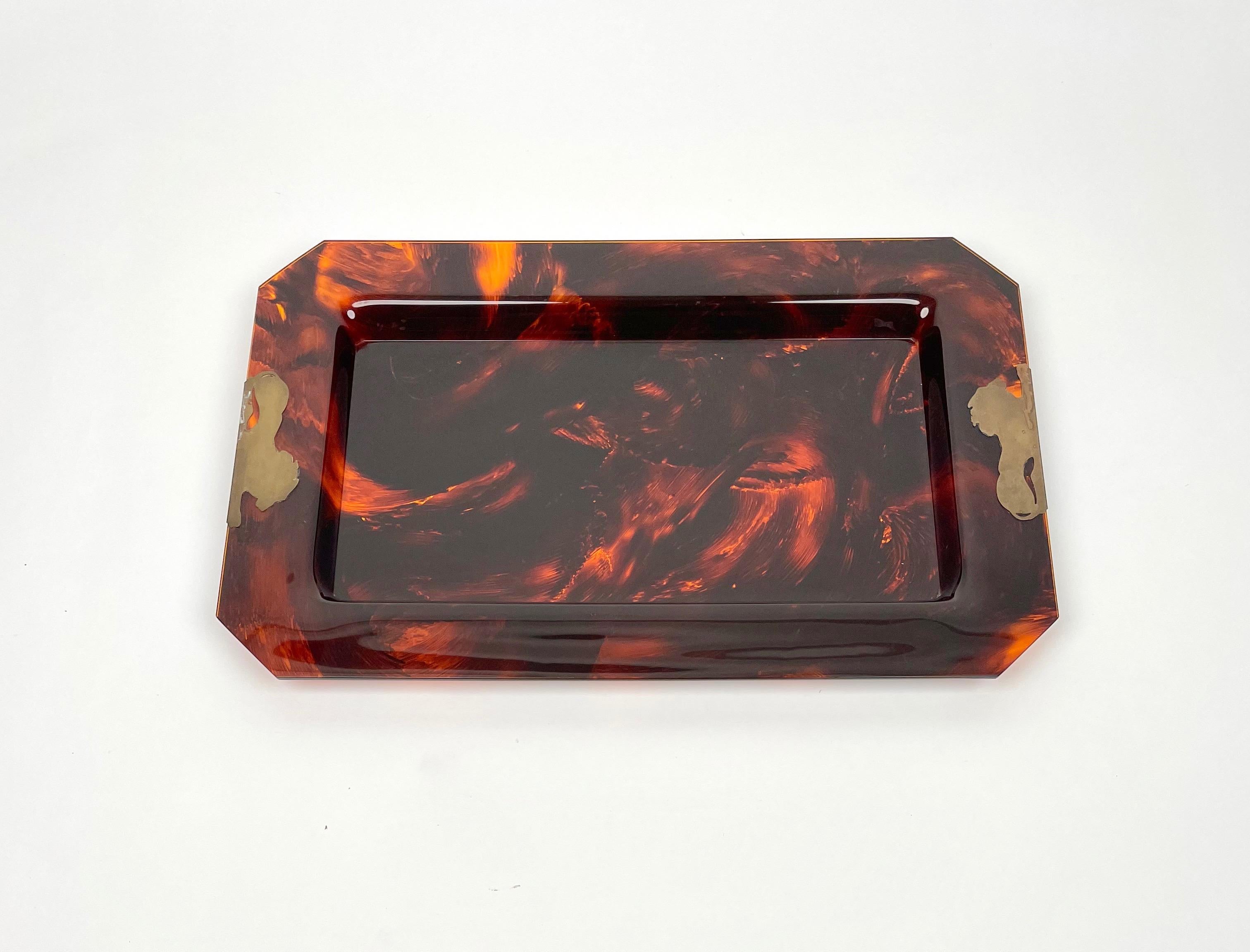 Mid-Century Modern Brass & Tortoise Shell Effect Lucite Centerpiece Serving Tray, Italy, 1970s