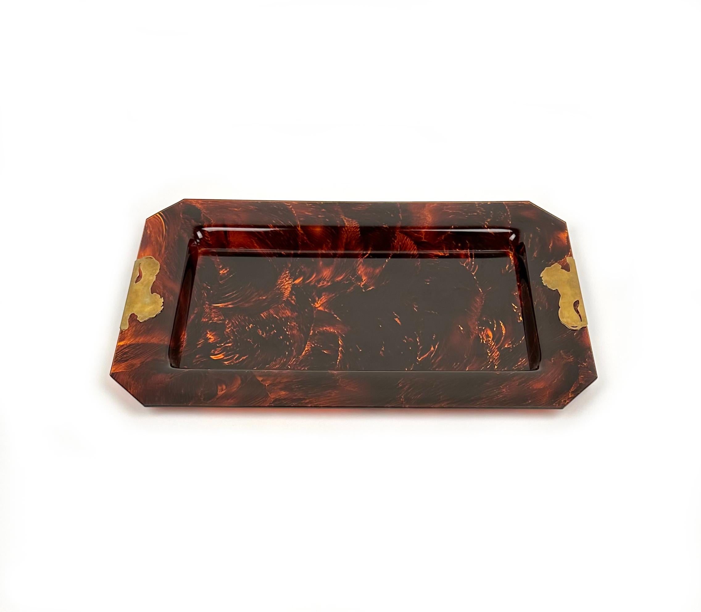 Mid-Century Modern Brass & Tortoise Shell Effect Lucite Centerpiece Serving Tray, Italy, 1970s