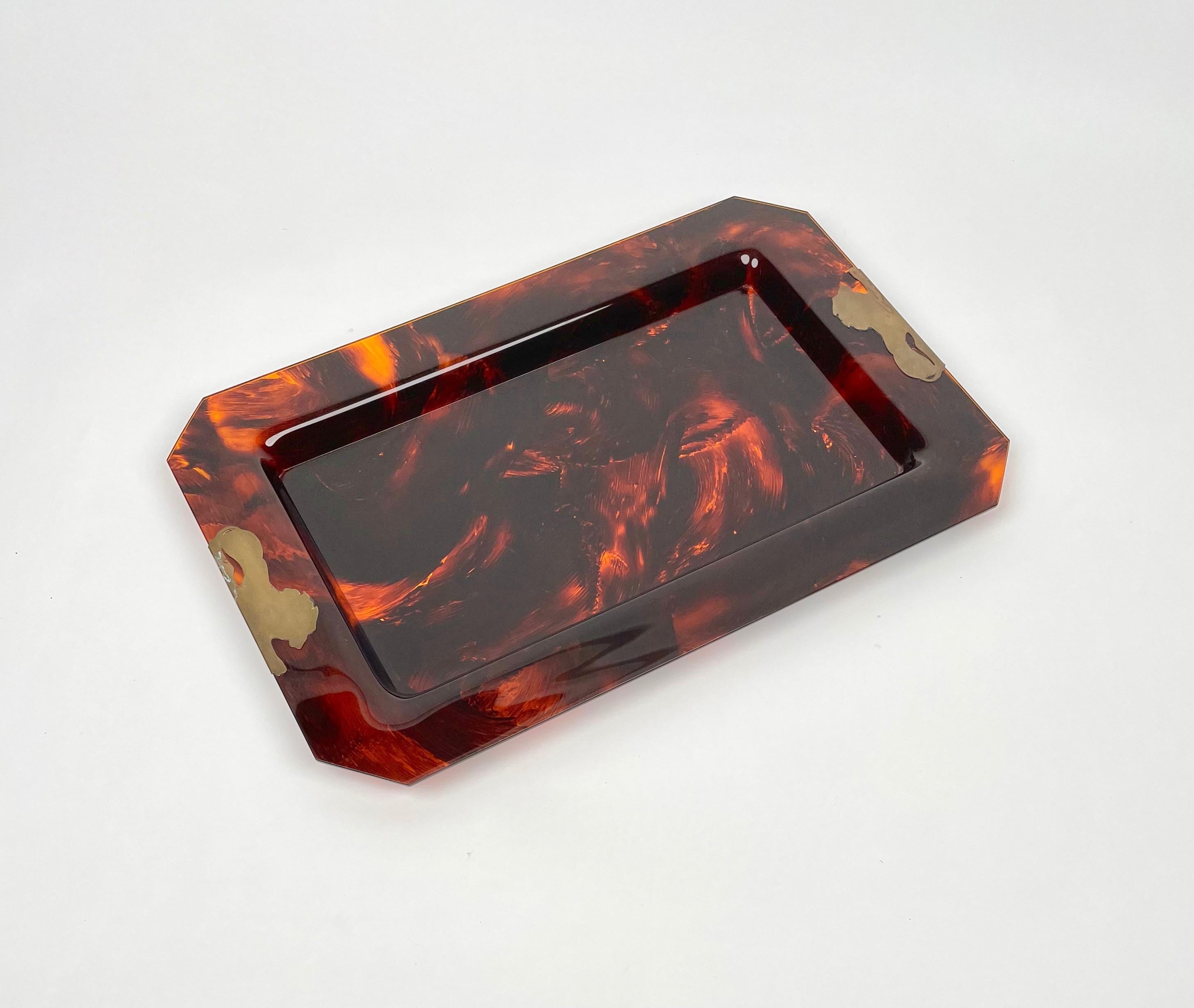 Italian Brass & Tortoise Shell Effect Lucite Centerpiece Serving Tray, Italy, 1970s