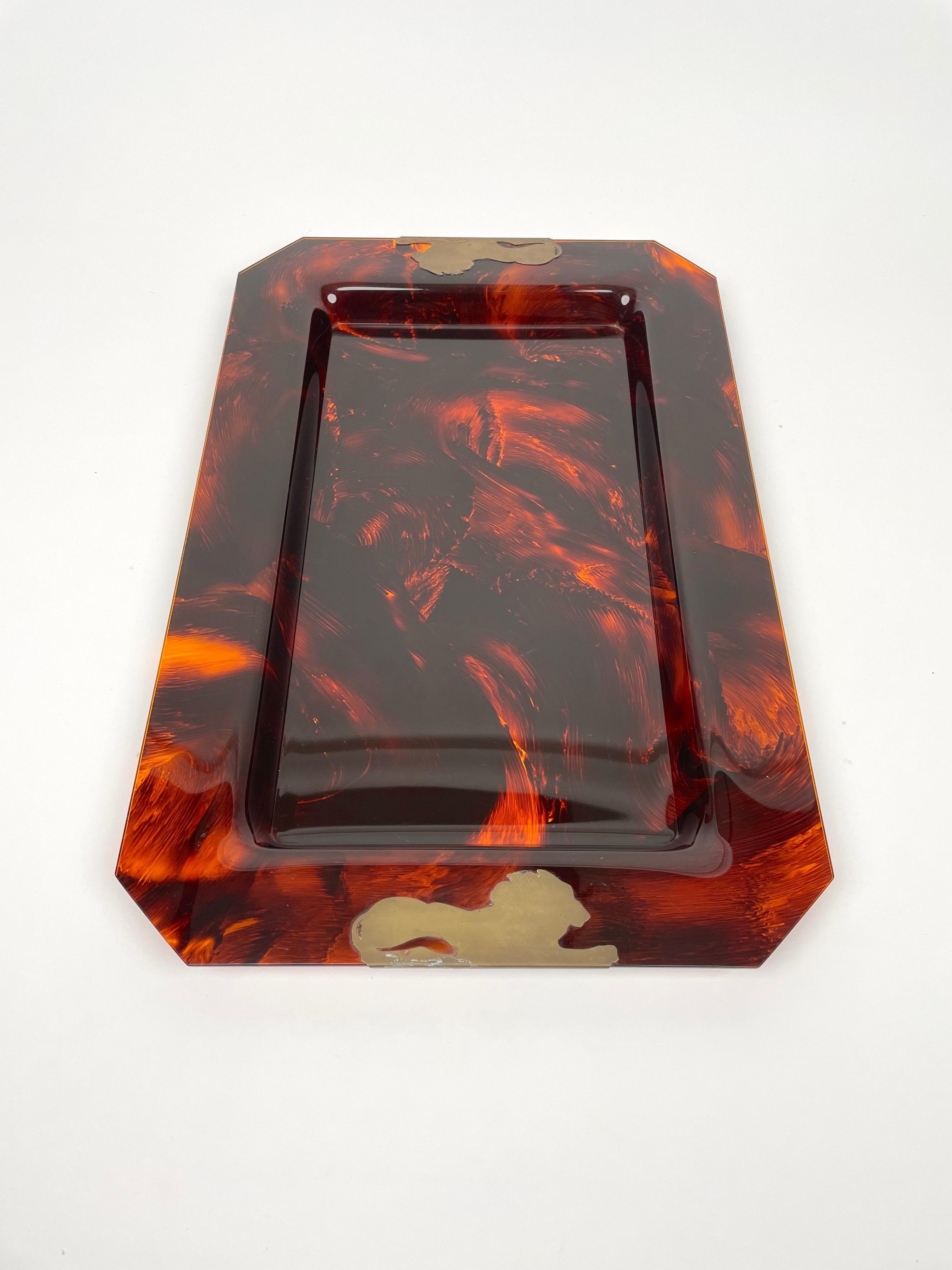 Brass & Tortoise Shell Effect Lucite Centerpiece Serving Tray, Italy, 1970s In Good Condition In Rome, IT