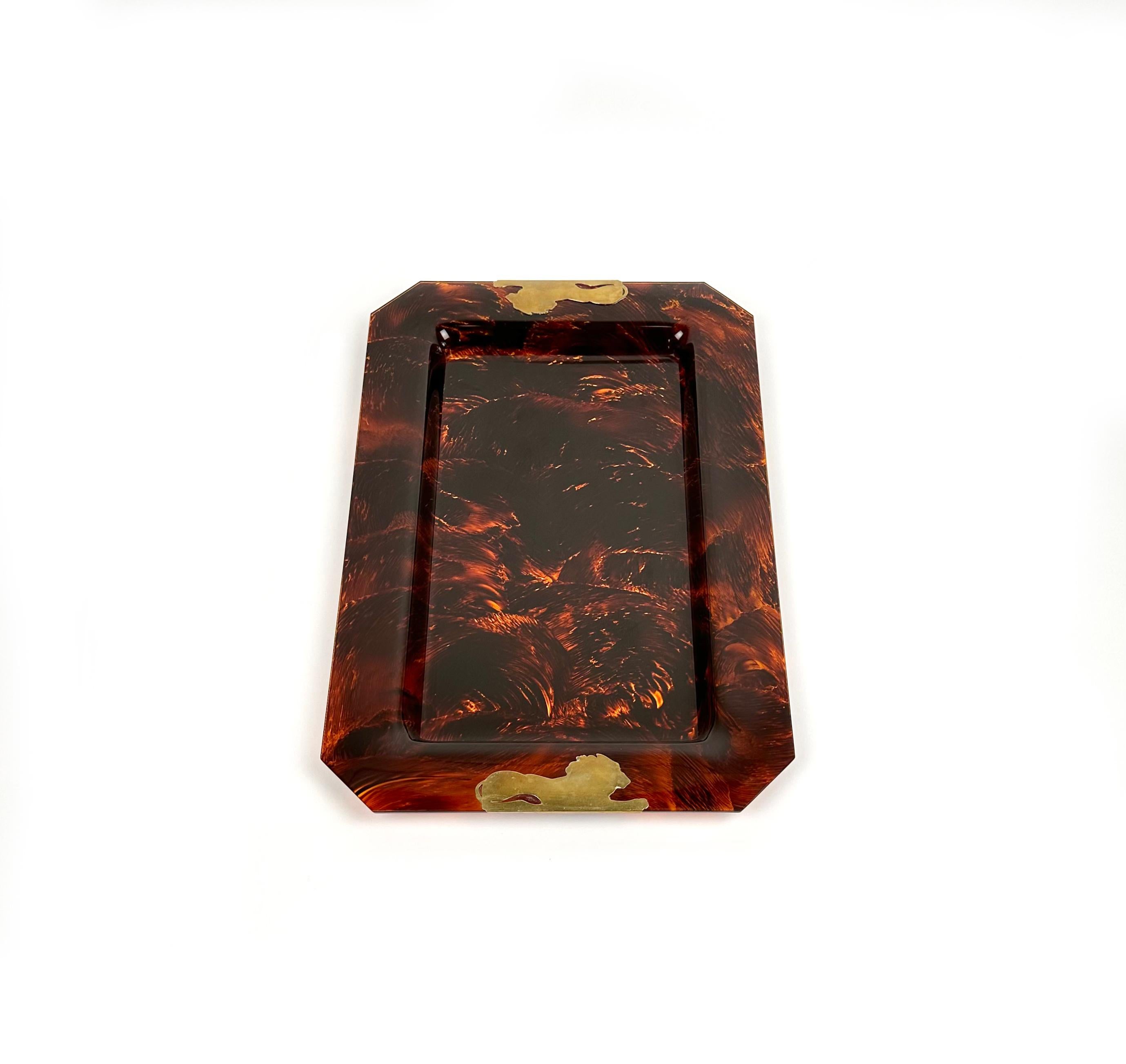 Brass & Tortoise Shell Effect Lucite Centerpiece Serving Tray, Italy, 1970s In Good Condition In Rome, IT