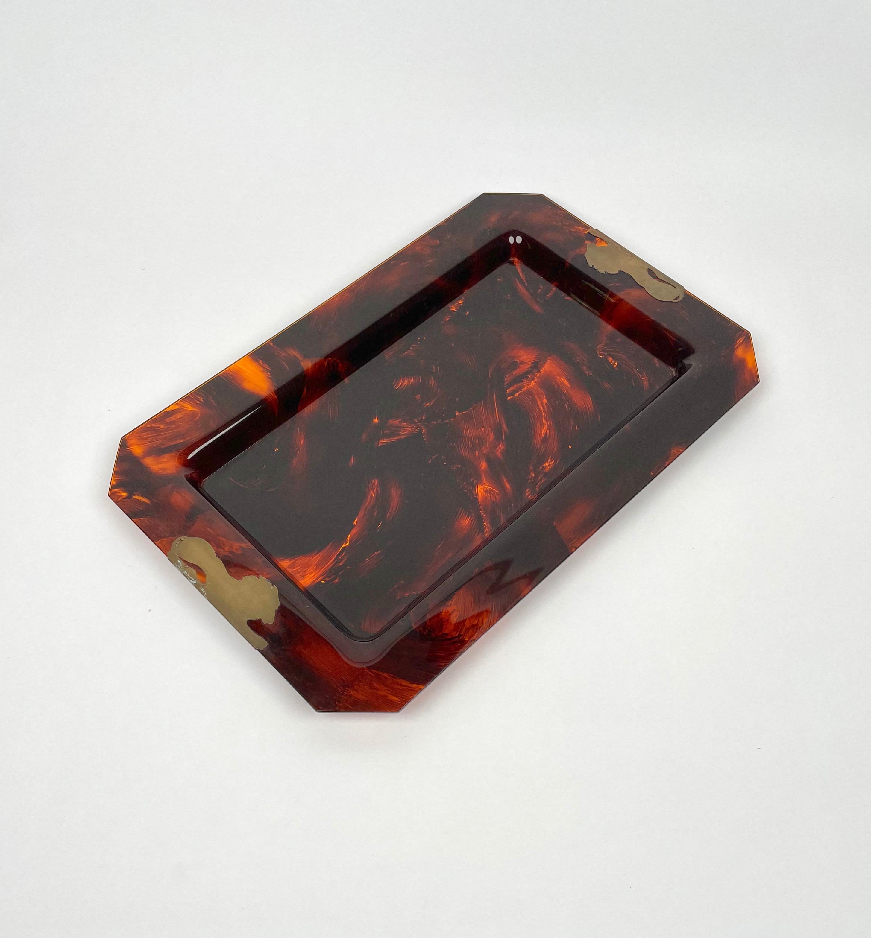 Late 20th Century Brass & Tortoise Shell Effect Lucite Centerpiece Serving Tray, Italy, 1970s