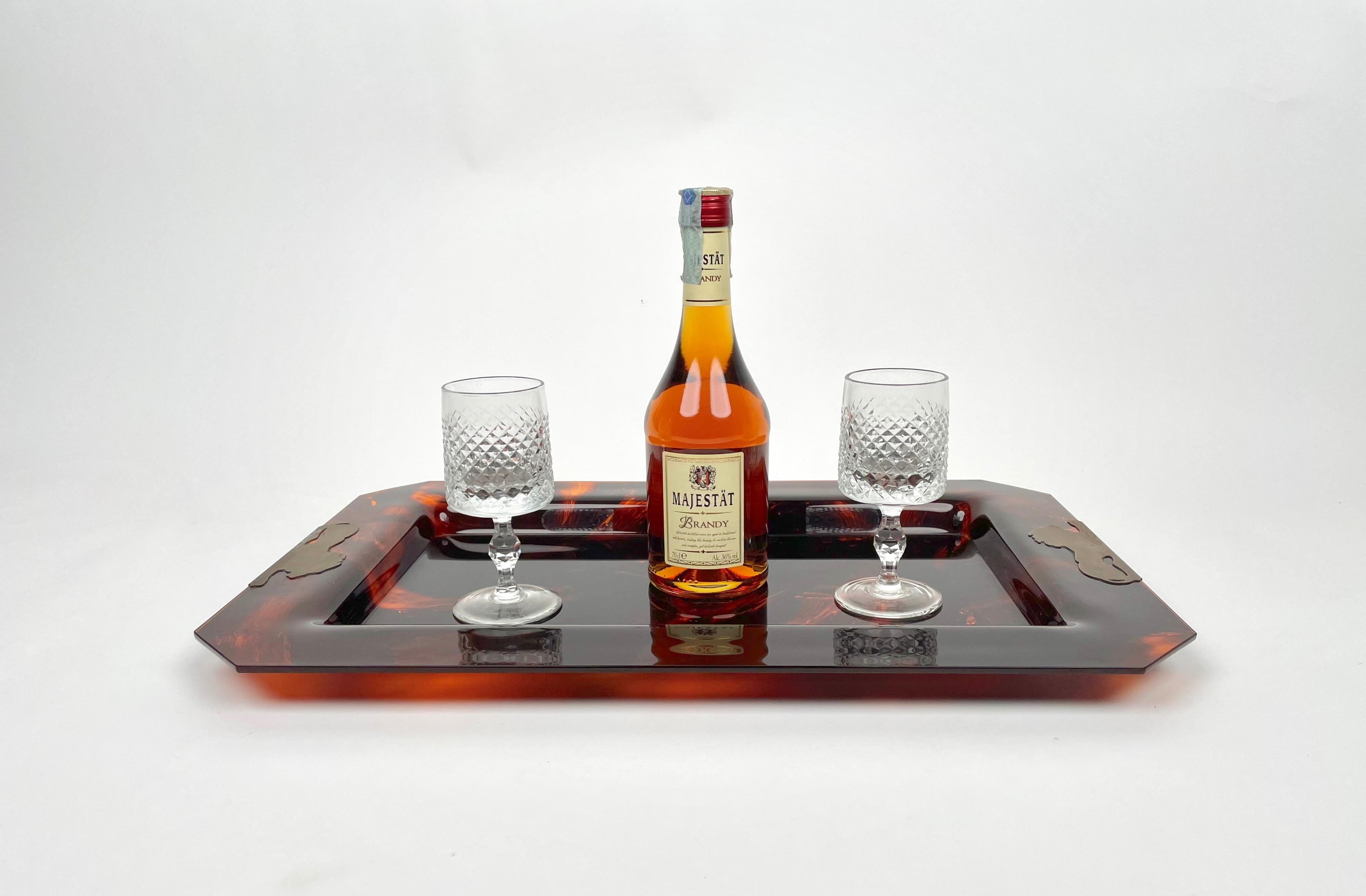 Metal Brass & Tortoise Shell Effect Lucite Centerpiece Serving Tray, Italy, 1970s