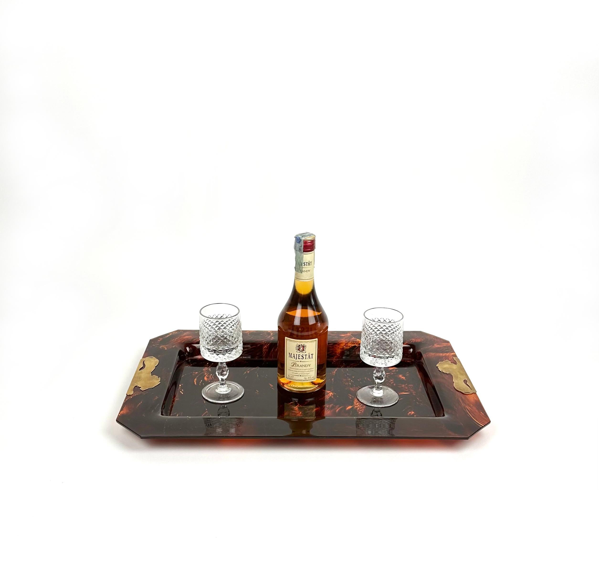 Metal Brass & Tortoise Shell Effect Lucite Centerpiece Serving Tray, Italy, 1970s