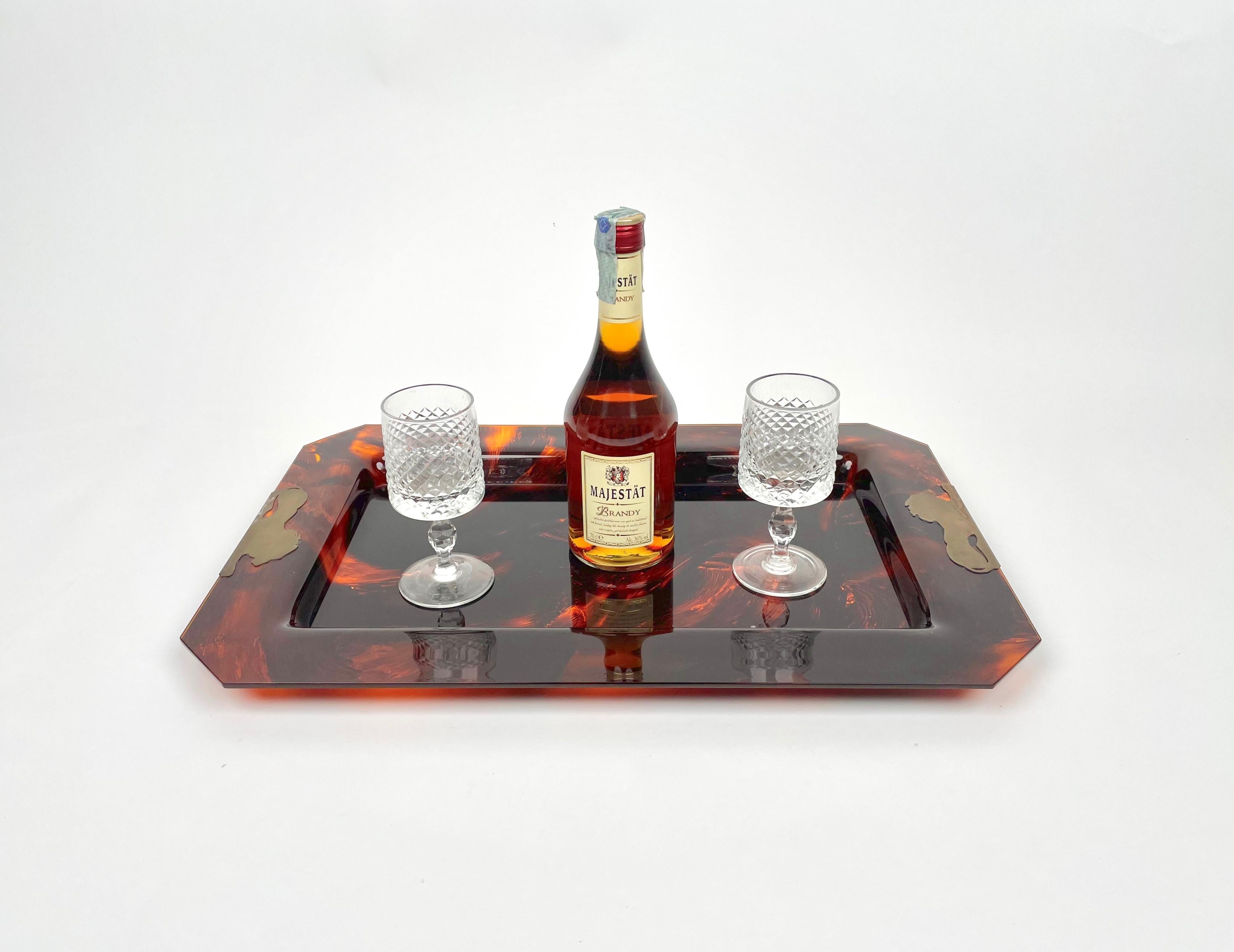 Brass & Tortoise Shell Effect Lucite Centerpiece Serving Tray, Italy, 1970s 1