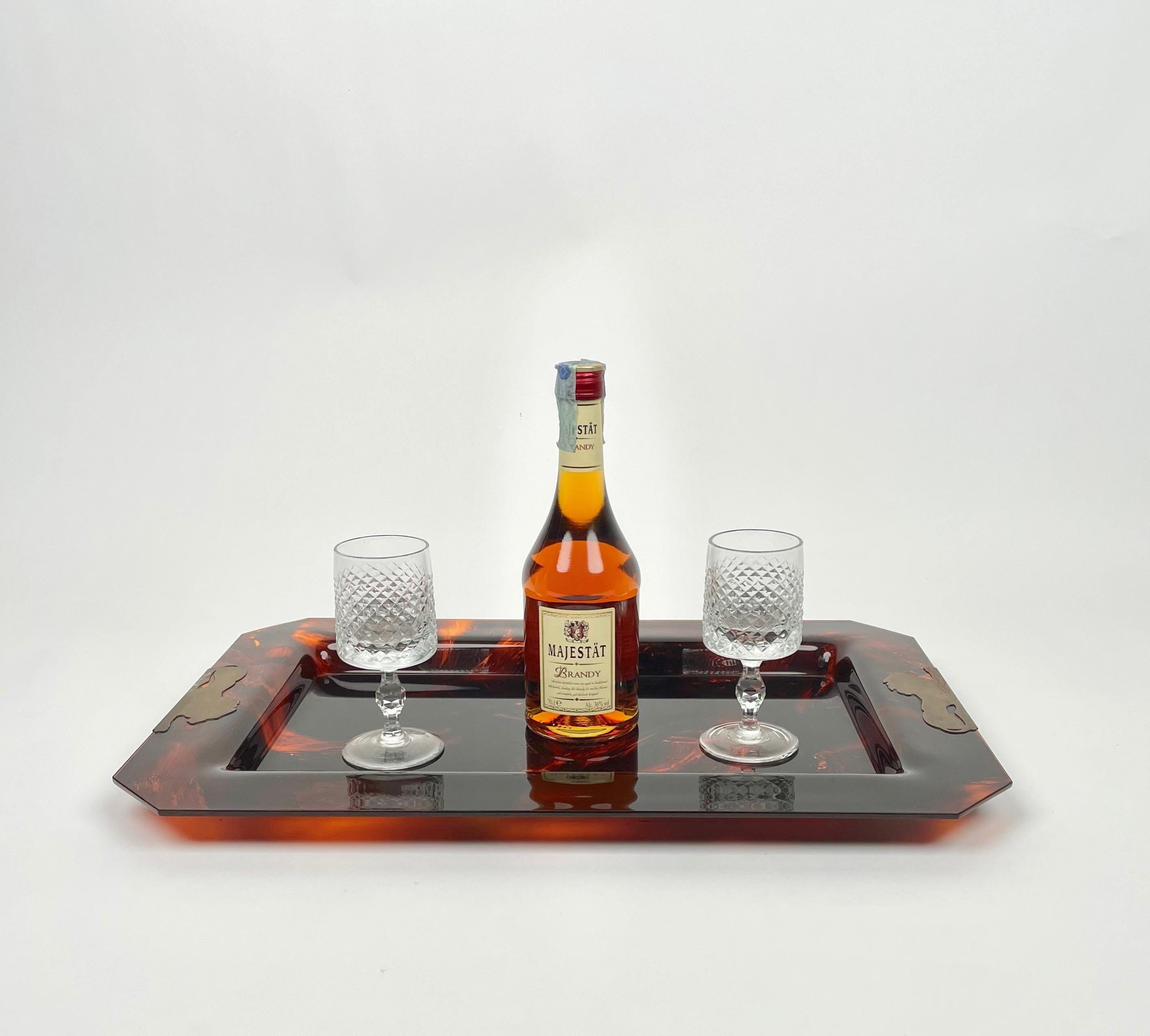 Brass & Tortoise Shell Effect Lucite Centerpiece Serving Tray, Italy, 1970s 2