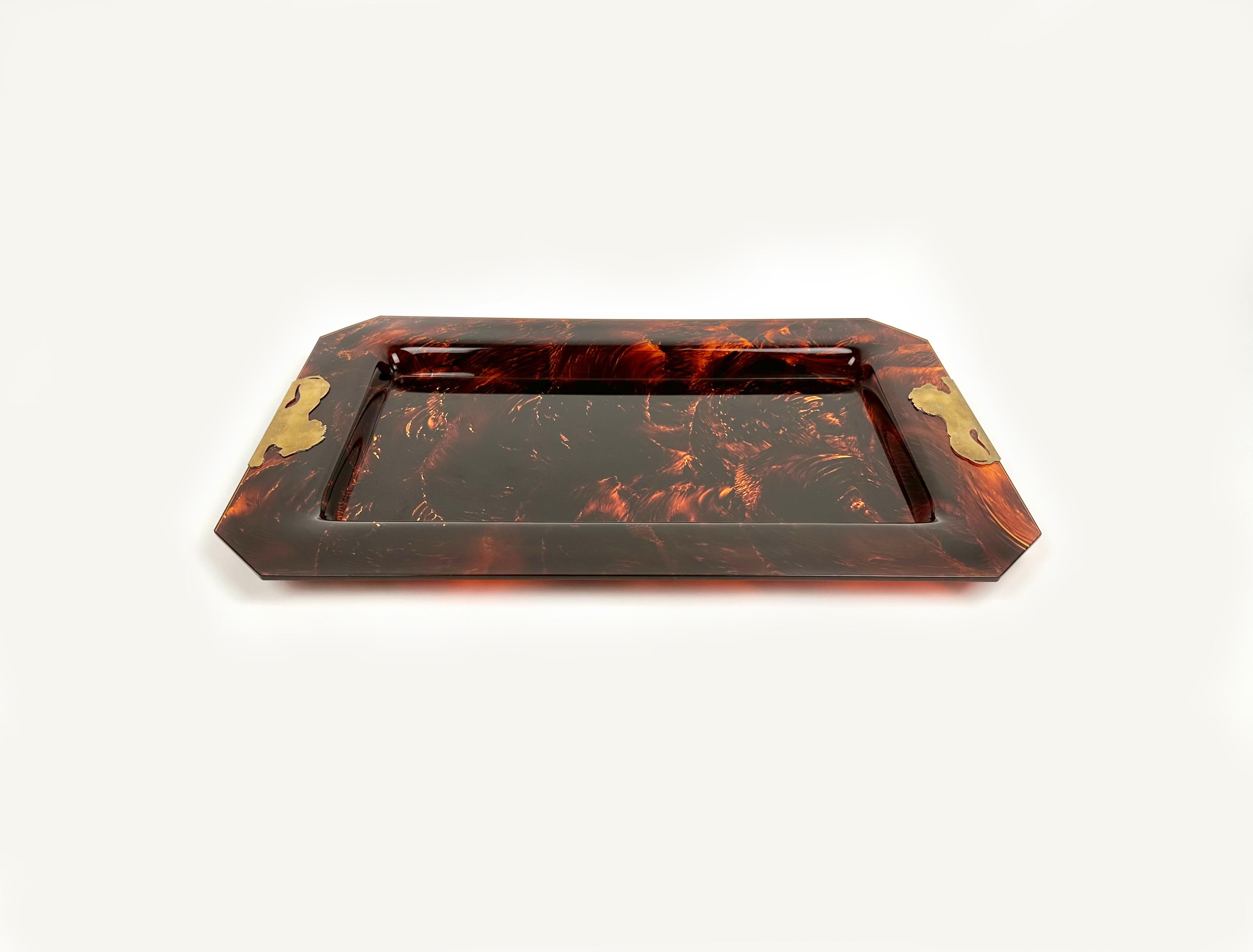 Brass & Tortoise Shell Effect Lucite Centerpiece Serving Tray, Italy, 1970s 2
