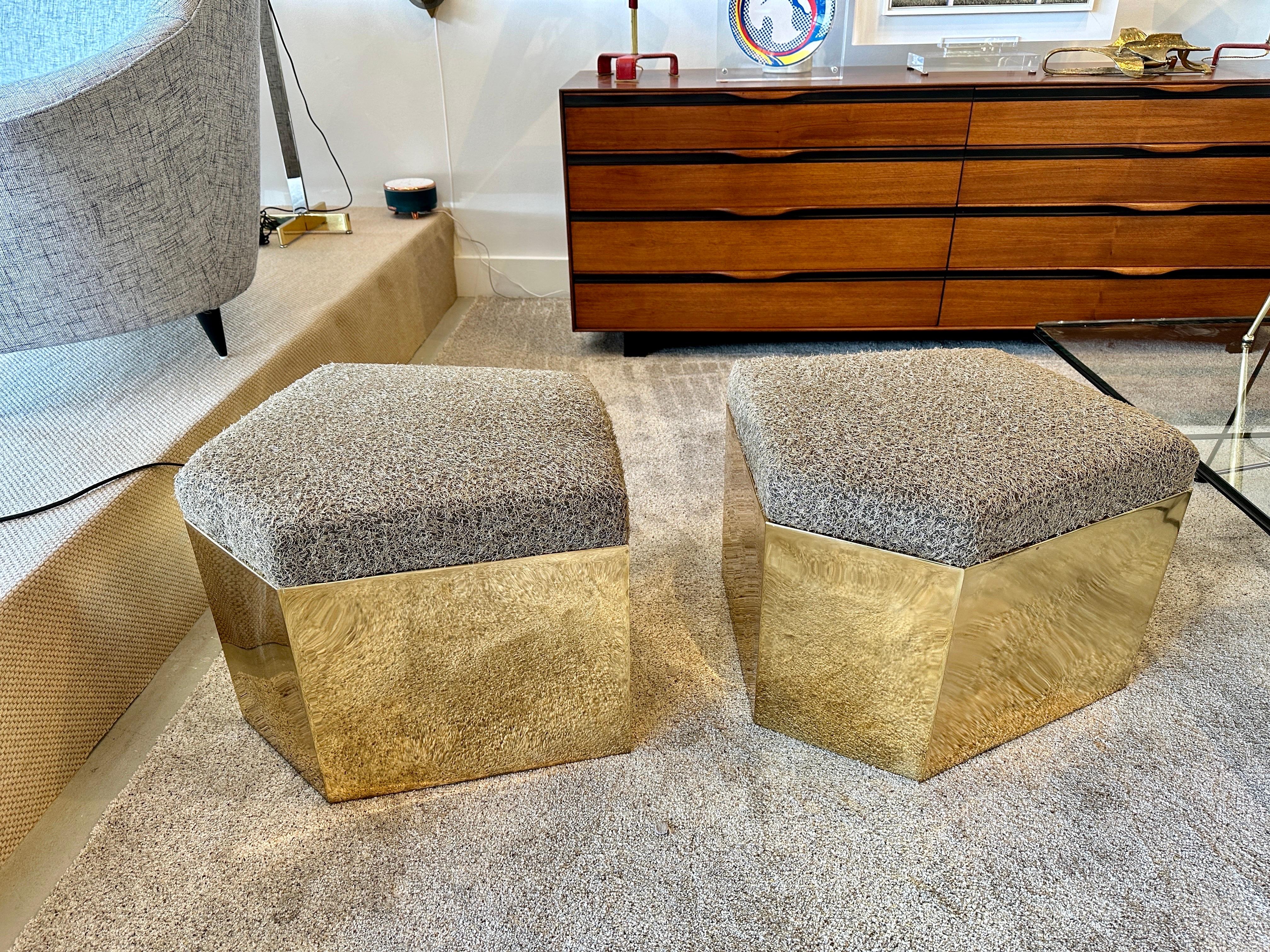 Late 20th Century Brass Trapezoid Shape Stools/ Benches, Pair