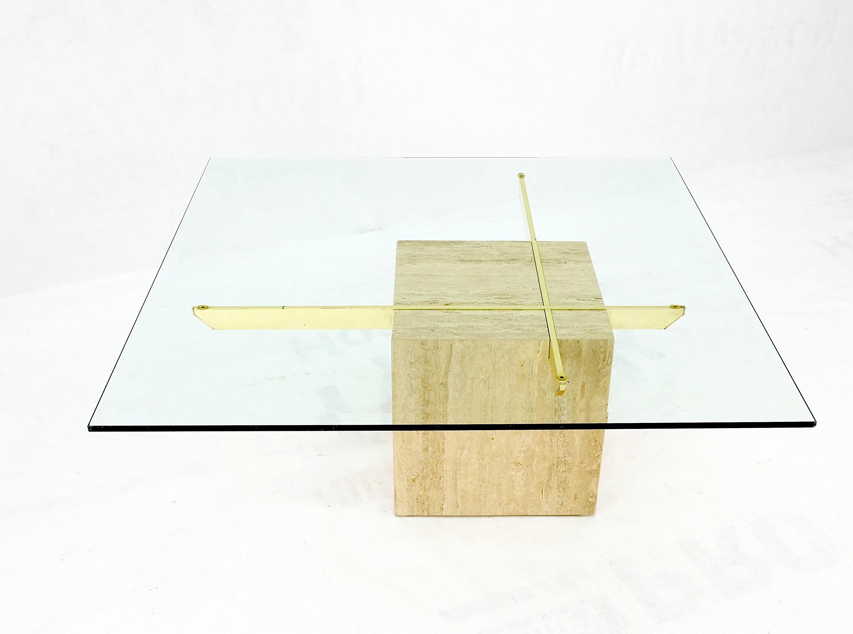Brass Travertine Base Glass Top Square Mid-Century Modern Coffee Center Table For Sale 6