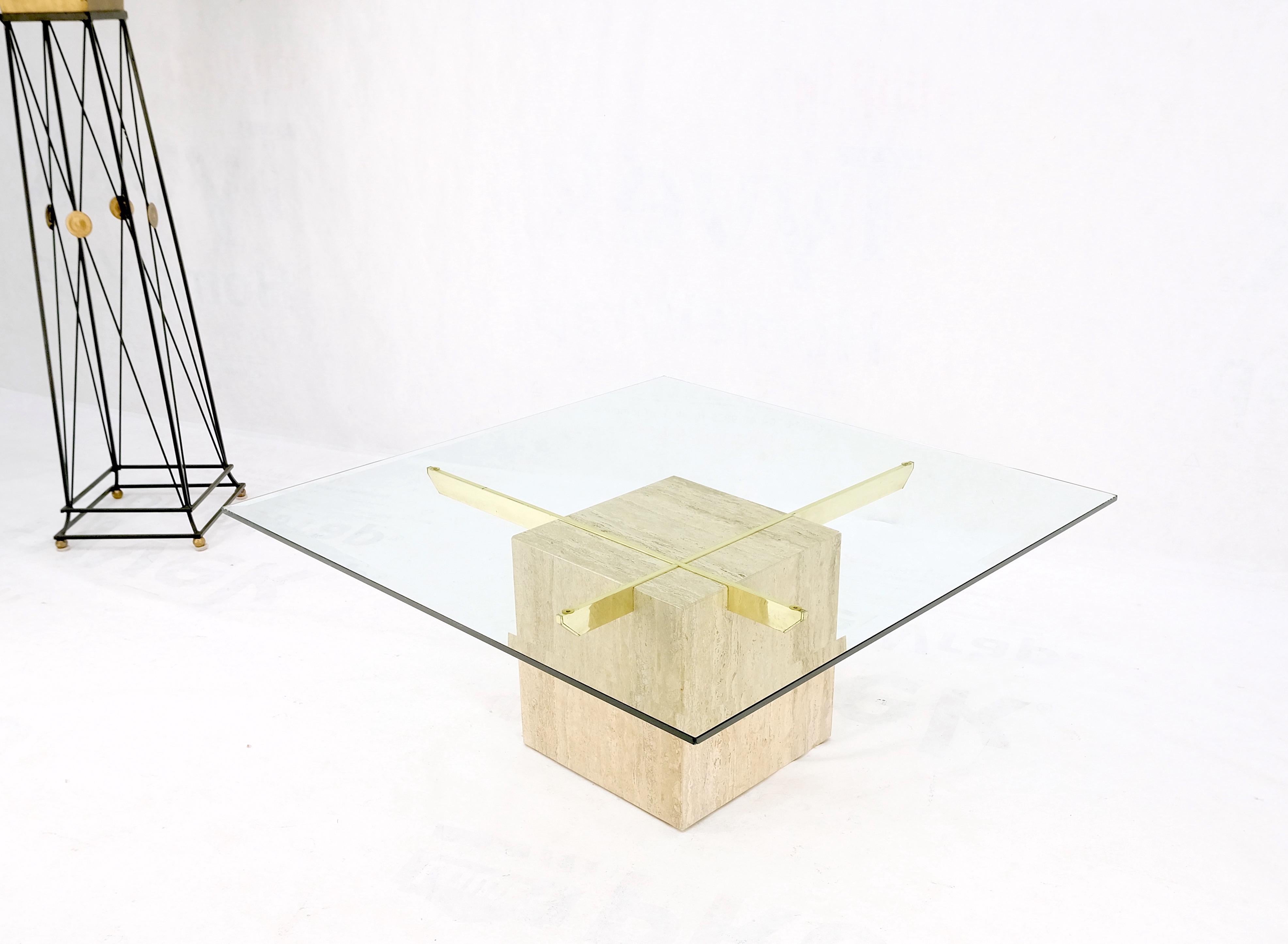 Brass Travertine Base Glass Top Square Mid-Century Modern Coffee Center Table For Sale 8