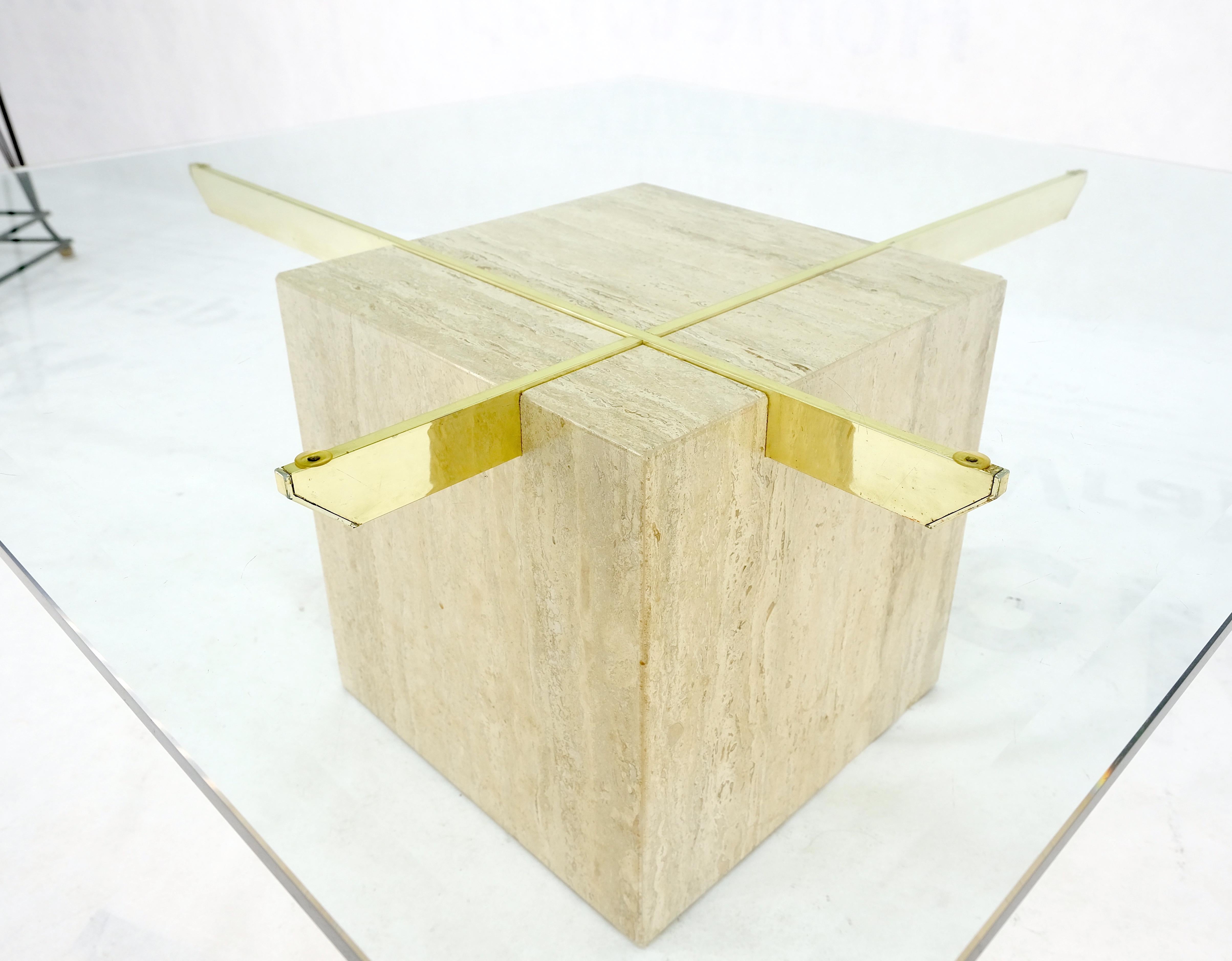 Brass Travertine Base Glass Top Square Mid-Century Modern Coffee Center Table For Sale 2